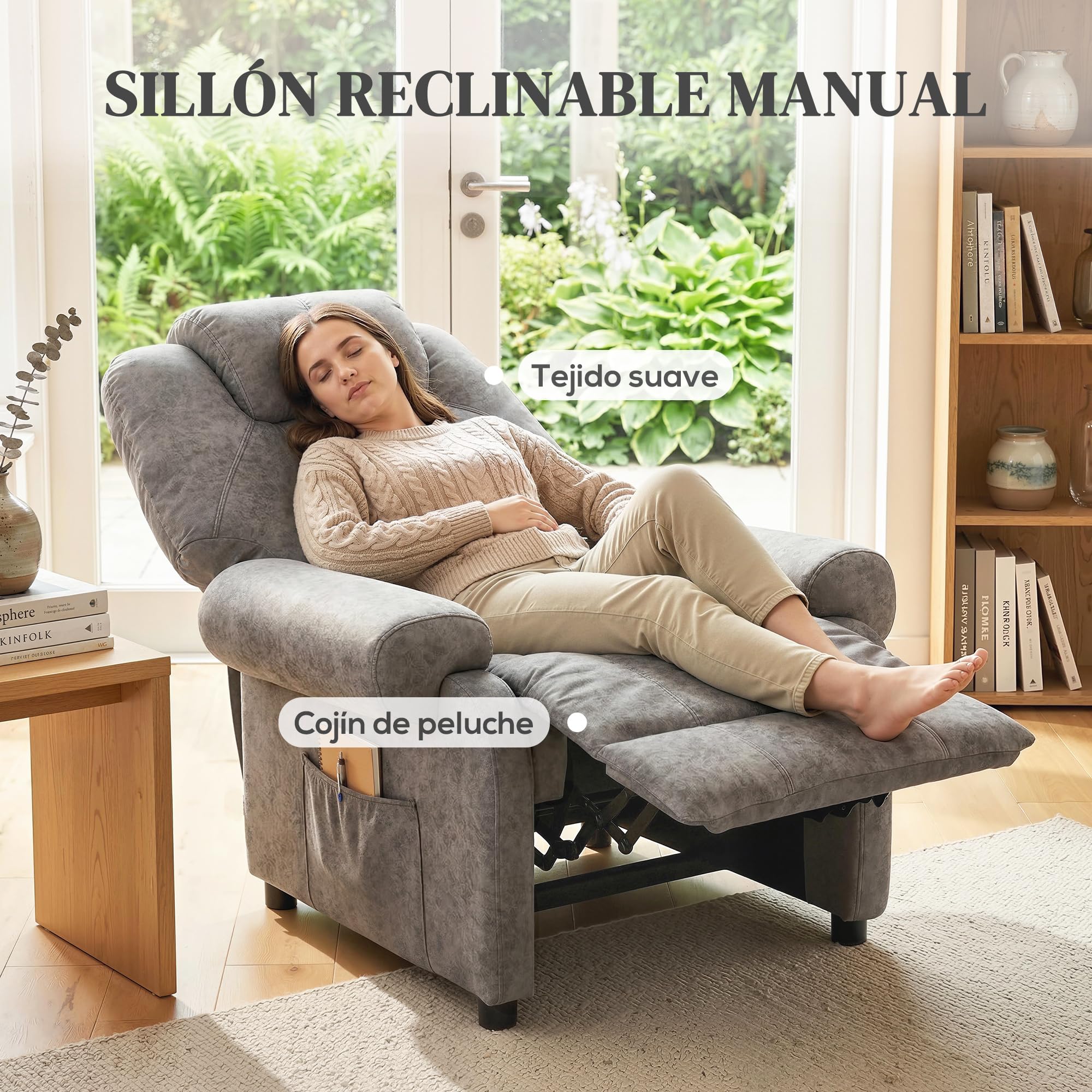 HOMCOM Sillón Relax Reclinable Manual, Sillón Relax de Terciopelo con Reposabrazos, Reposapiés, Acolchado Grueso, Butaca Reclinable hasta 135º para Salón, Dormitorio, Oficina, Gris