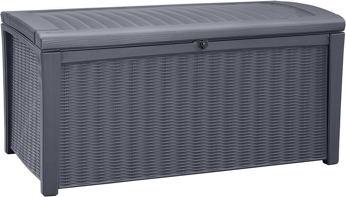 Keter Outdoor Storage Deck Box for Patio, Backyard & Garden, Borneo, 110 Gal, Grey - Lockable, Organizing, and Waterproof Plastic Container Bench