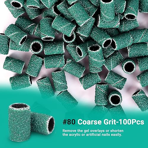 Miniatura 175 de MelodySusie 100 unidades de brocas de uñas, bandas de lijado para taladro de uñas, 120 bandas de lijado de lima de uñas de grano medio para uñas