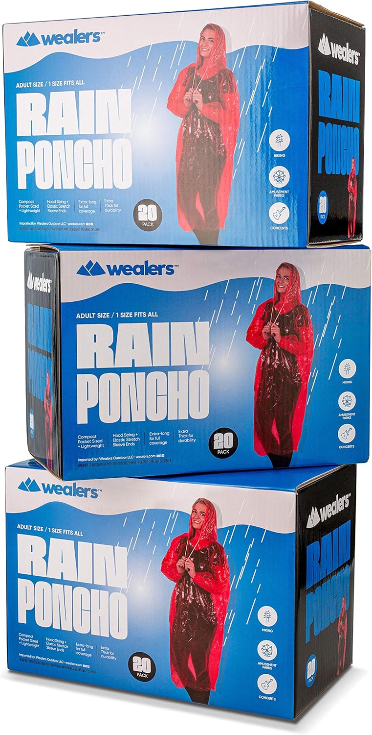 Wealers Rain Poncho Bulk Pack Disposable Ponchos Adults Emergency Raincoat Hood Strings Multi Colors