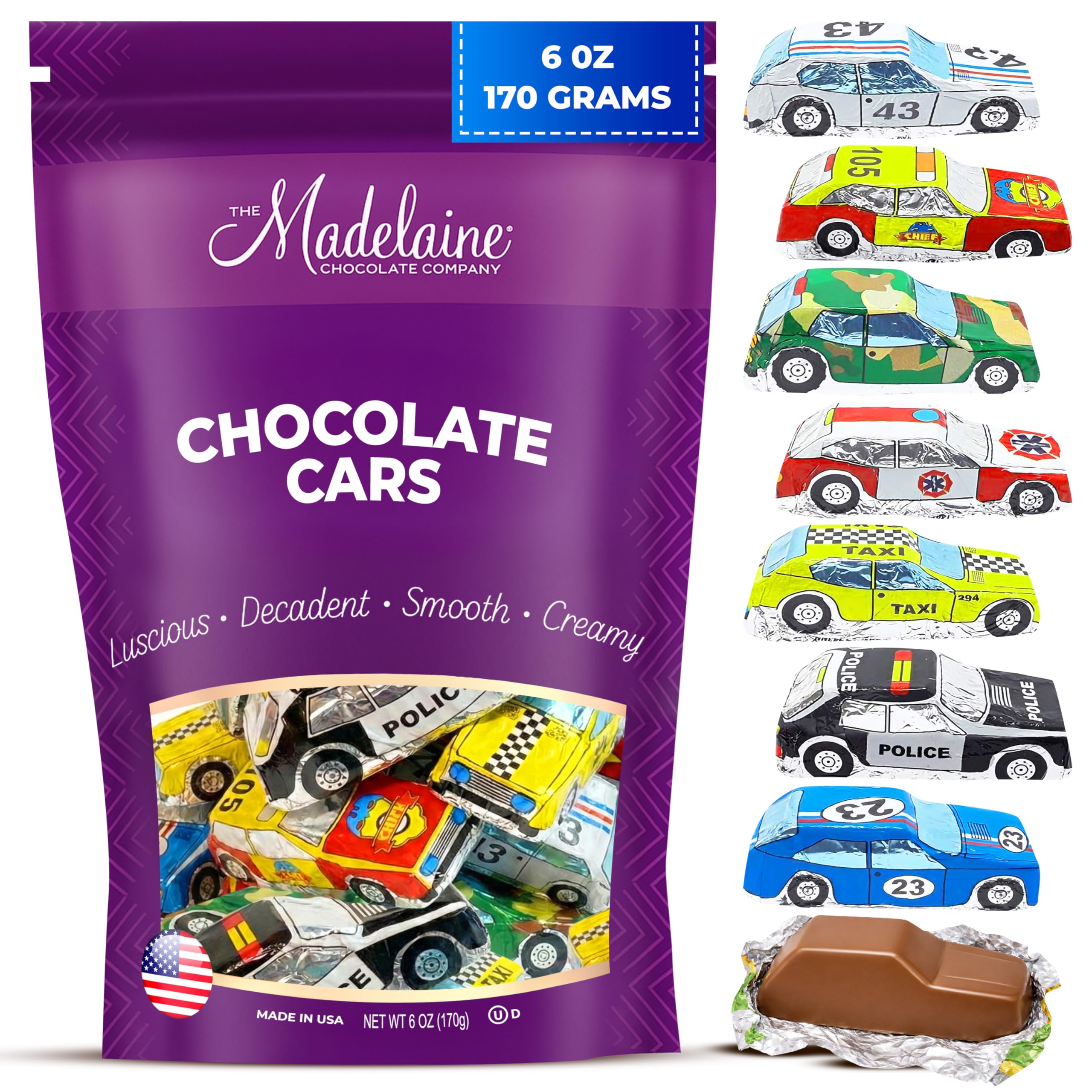 Madelaine Premium Milk Chocolate Mini Cars Candy – Solid Chocolate Cars Wrapped in Italian Foil, Individually Wrapped Party Favors for Kids, Birthdays & Events – 6 oz Assortment