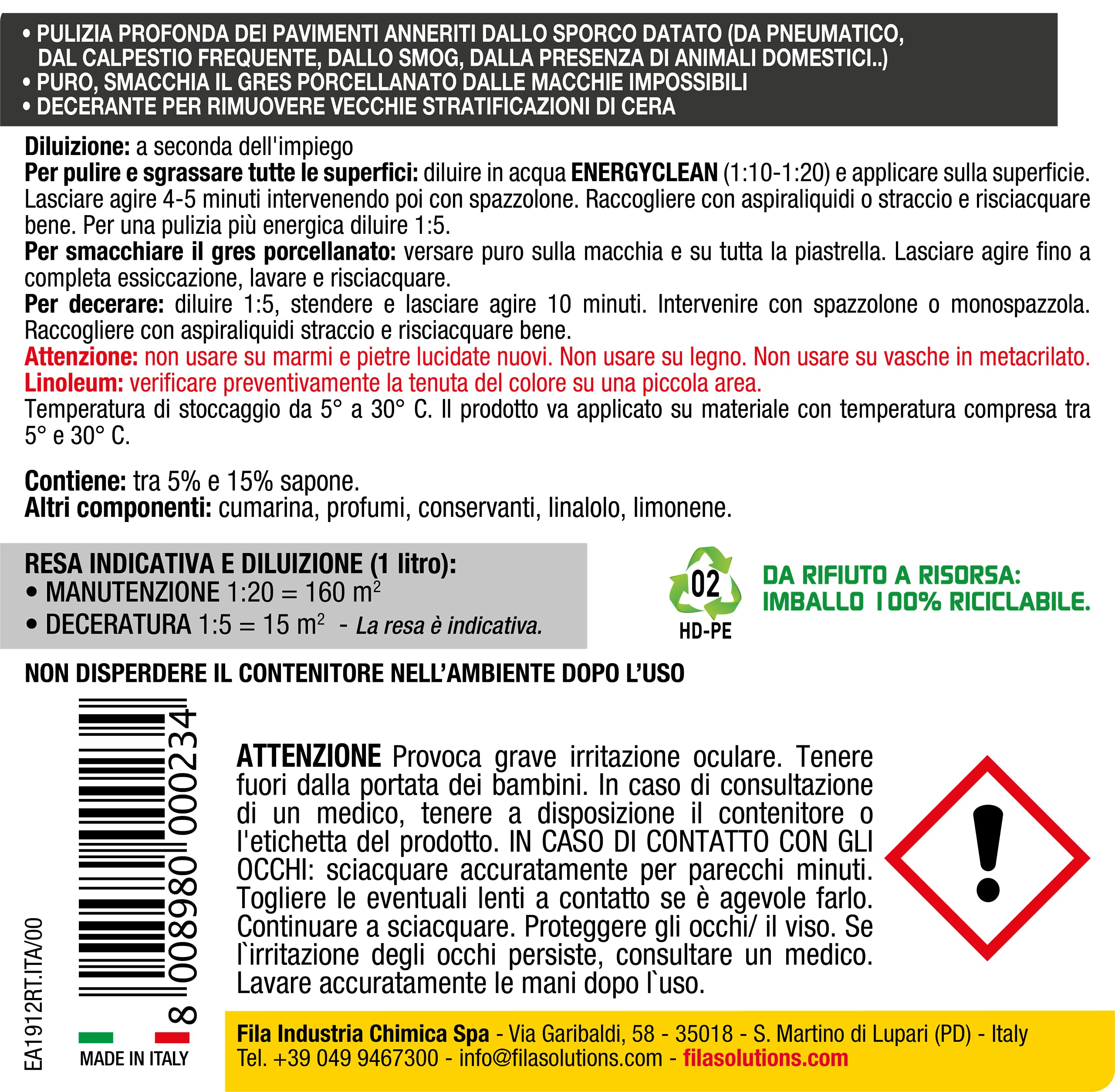 FILA ENERGYCLEAN Detergente Sgrassante per Superfici, Incolore, 1 Litro