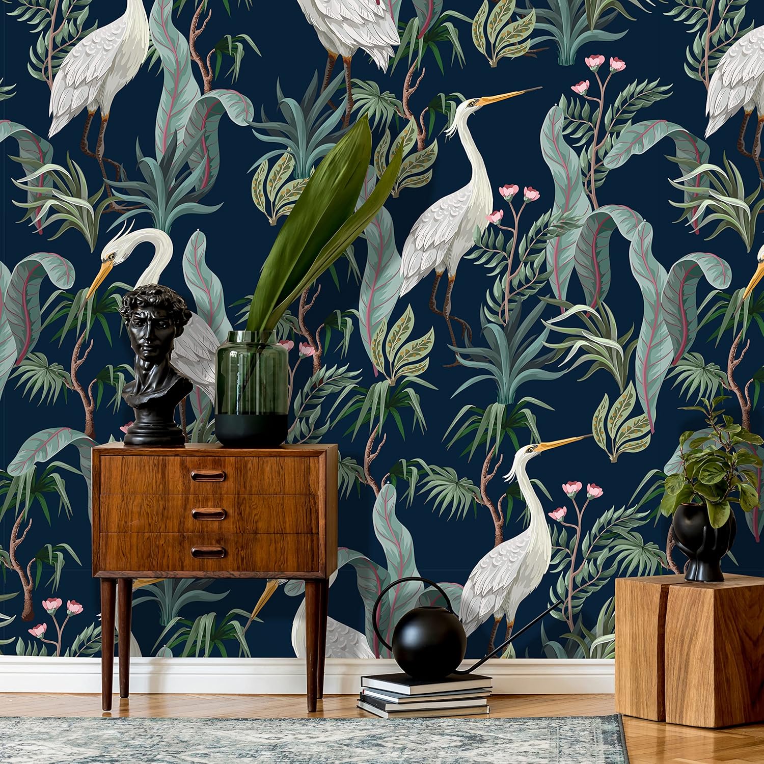 Chinoiserie Herons Peel and Stick Wallpaper | Removable Birds Mural | Self Adhesive Wallpaper (1 roll 24" W x 96" H)