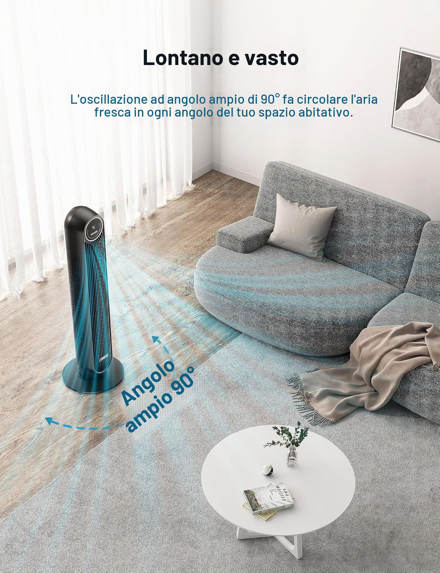 Dreo 20dB Ventilatore a Torre 92 cm, Ventilatore a Colonna Silenzioso per la Camera da Letto, con Telecomando, Potente 7.6 m/s, 4 Modalità, 4 Velocità, Oscillazione a 90°, Timer da 1 a 8 ore, Display