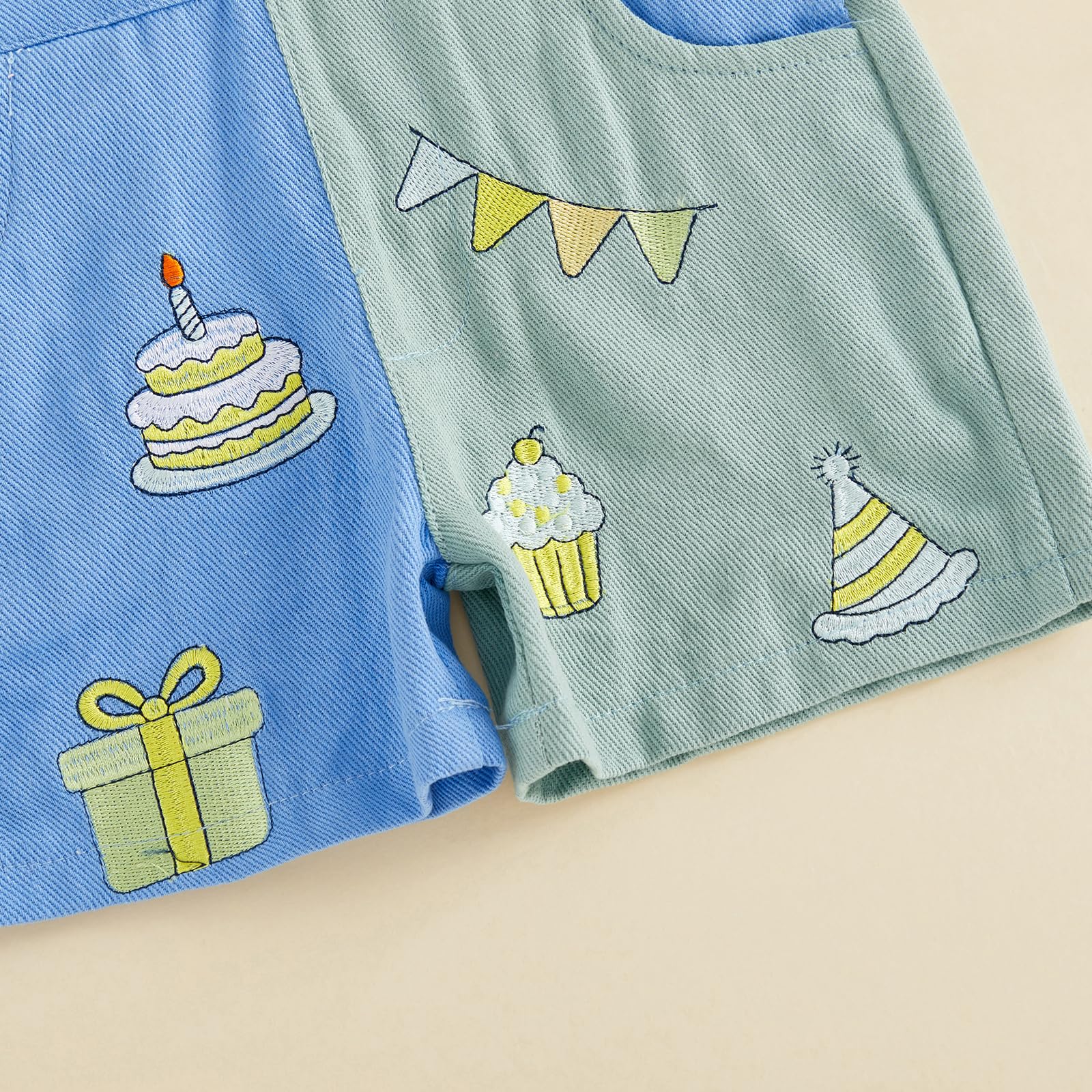 Salopette corte per bambini per bambini e bambine, salopette per bambini, vestiti estivi con lettera e torta, ricamo, bretelle, pantaloncini cargo da 1 a 4 anni