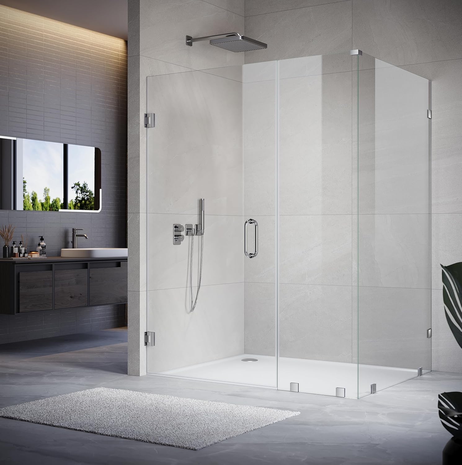 50-1/8" to 51" W X 80" H Frameless Hinged Glass Shower Door in Bright Chrome with 3/8"(10mm) Clear Glass - 28" Bathroom Shower Door Panel + 34" Return Panel UKH07-51X34X80-CH