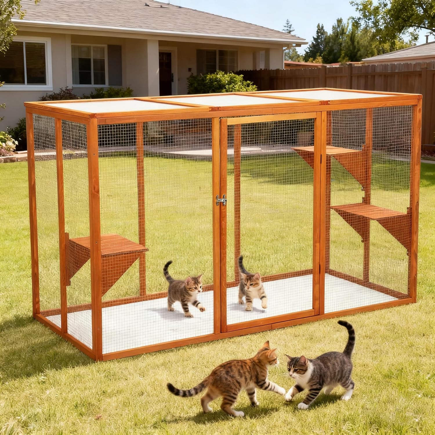 Catio Outdoor Cat Enclosure,71" L Outside Cat House Weatherproof, Wooden Large Catios for Cats Patio, Cat Houses with 3 Platforms,Grey