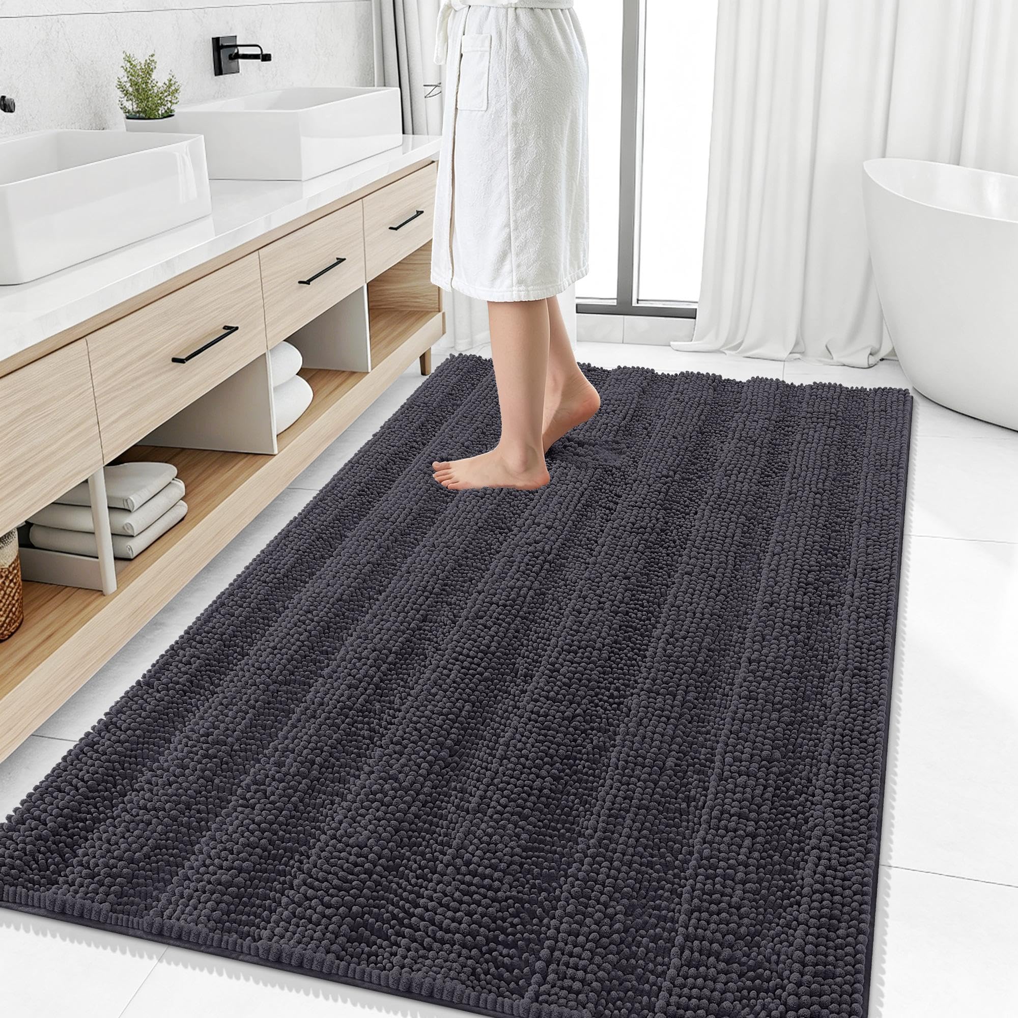 Smiry Thick Chenille Large Bathroom Runner Rugs 59x35, Bath Mat, Dark Grey