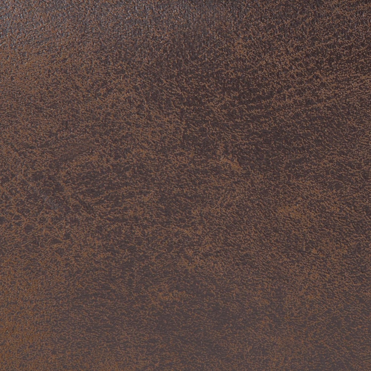 Nærbillede view of the distressed chestnut brown vegan faux leather upholstery on the ottoman