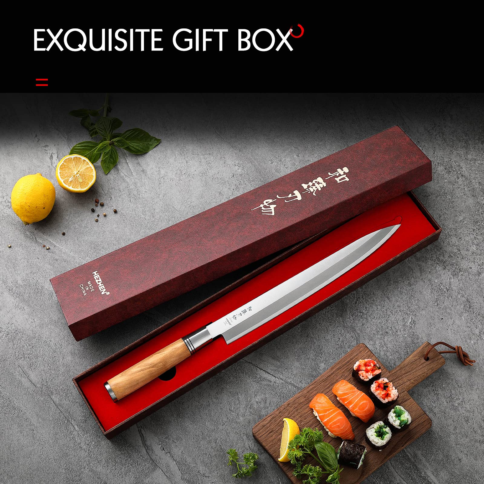 HEZHEN 27CM Coltello da Sashimi Stile Giapponese Acciaio Forgiato Yanagiba, da Sushi, Sfilettare Affettare Salmone, Manico in Legno D'ulivo,Fodero in Legno