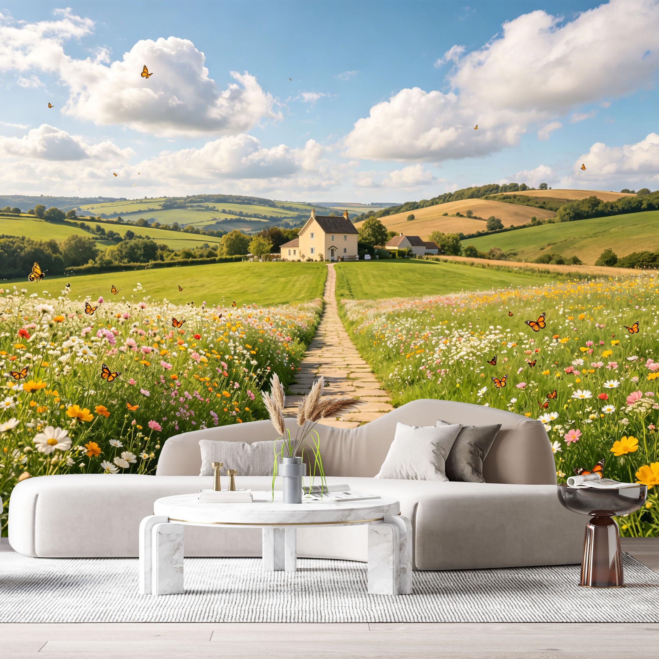 Custom Size Wall Murals Farmhouse Landscape Oil Painting Meadow Wildflower Path Cat Butterfly SelfAdhesive Wall Fabric Removable Large Wallpaper for Photo Living Room