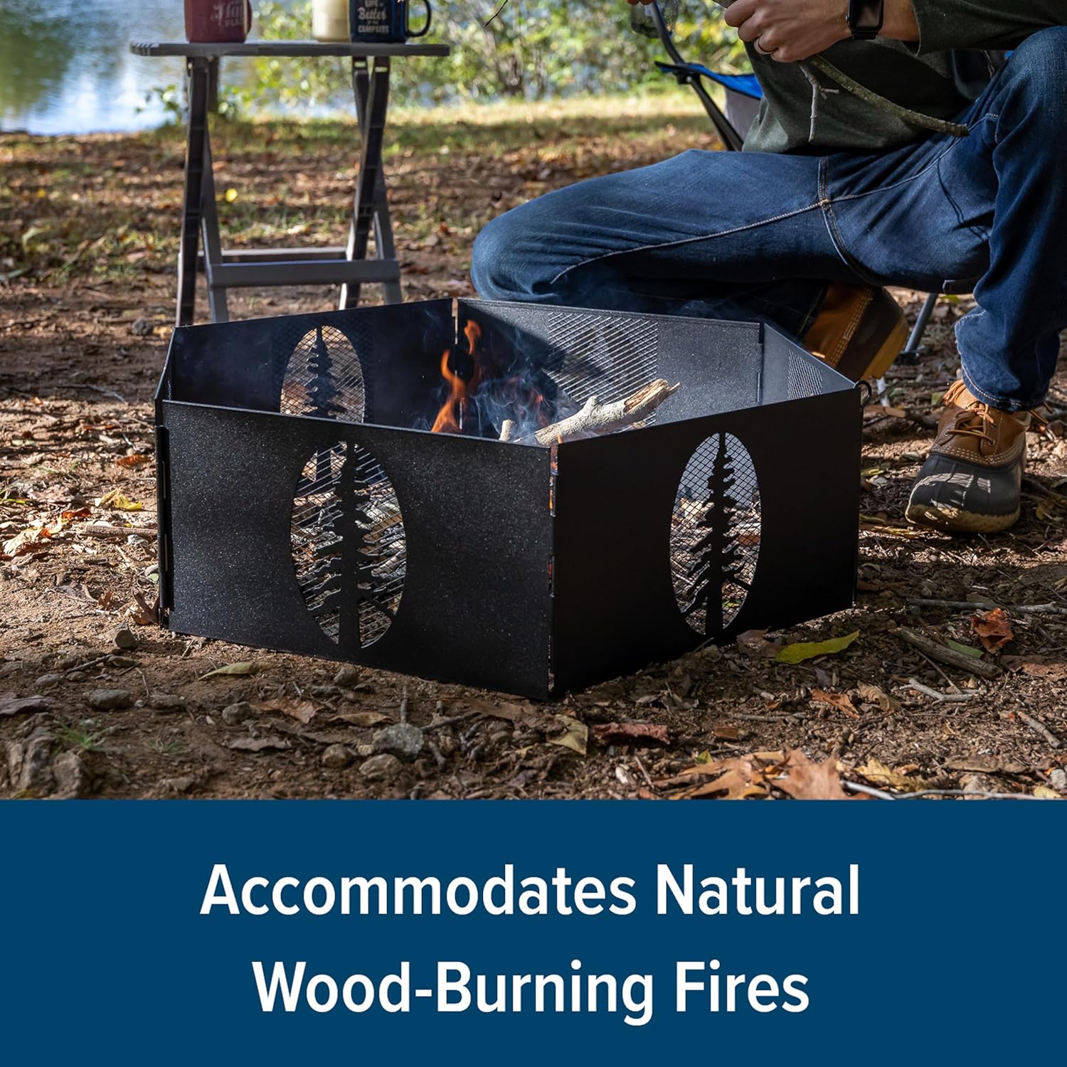 Camco Heavy Duty Steel Campfire Fire Pit Ring - 27"" Wide with Hinged Construction - Portable Fire Pit Features Collapsible Design & is Easily Transportable - Includes Storage Bag - (51091)