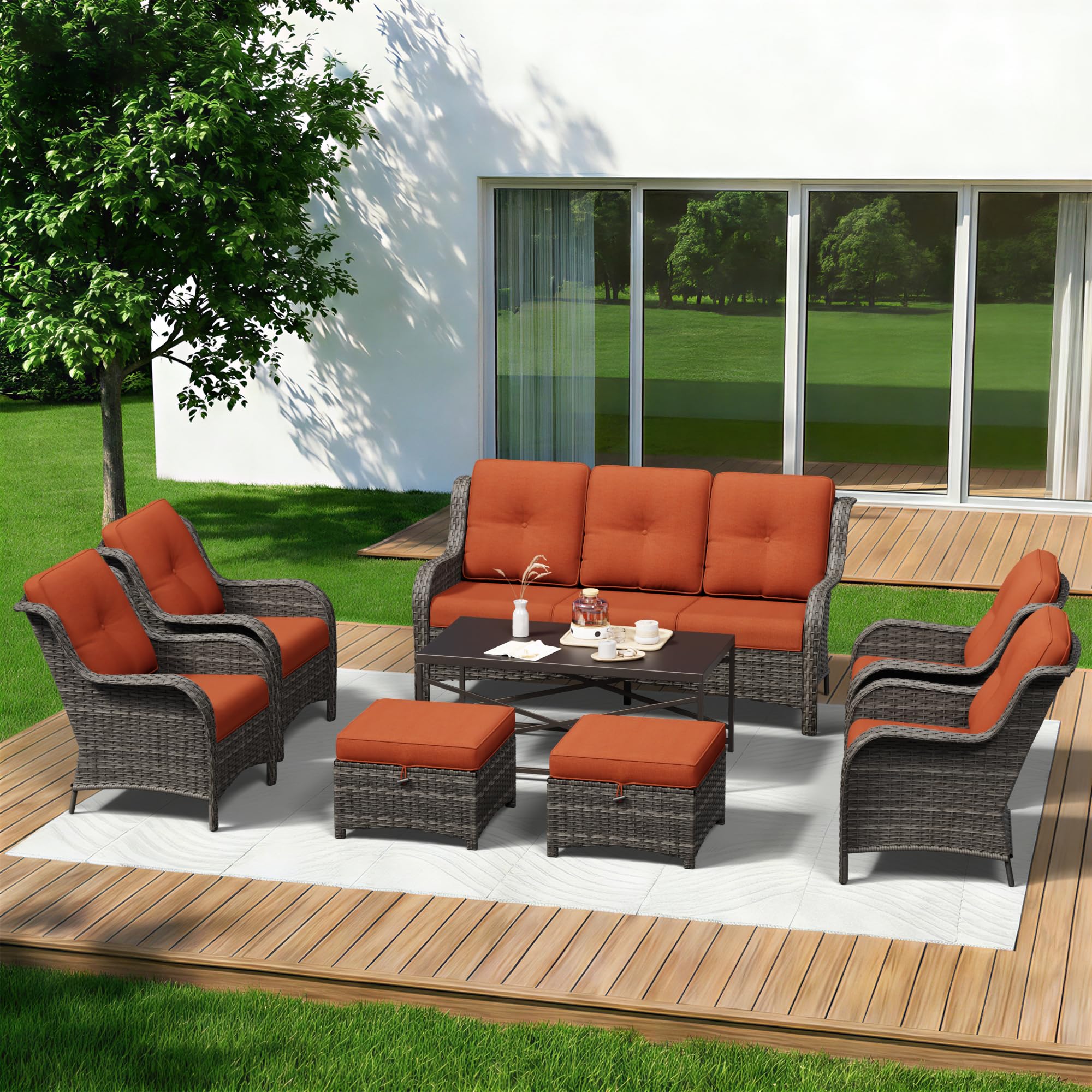 8 Piece Outdoor Wicker Patio Furniture Set, Patio Chairs Set with Thickened Olefin Cushions, High Back and Deep Seating, Hand-Woven PE Rattan, Ottoman for Porch, Deck