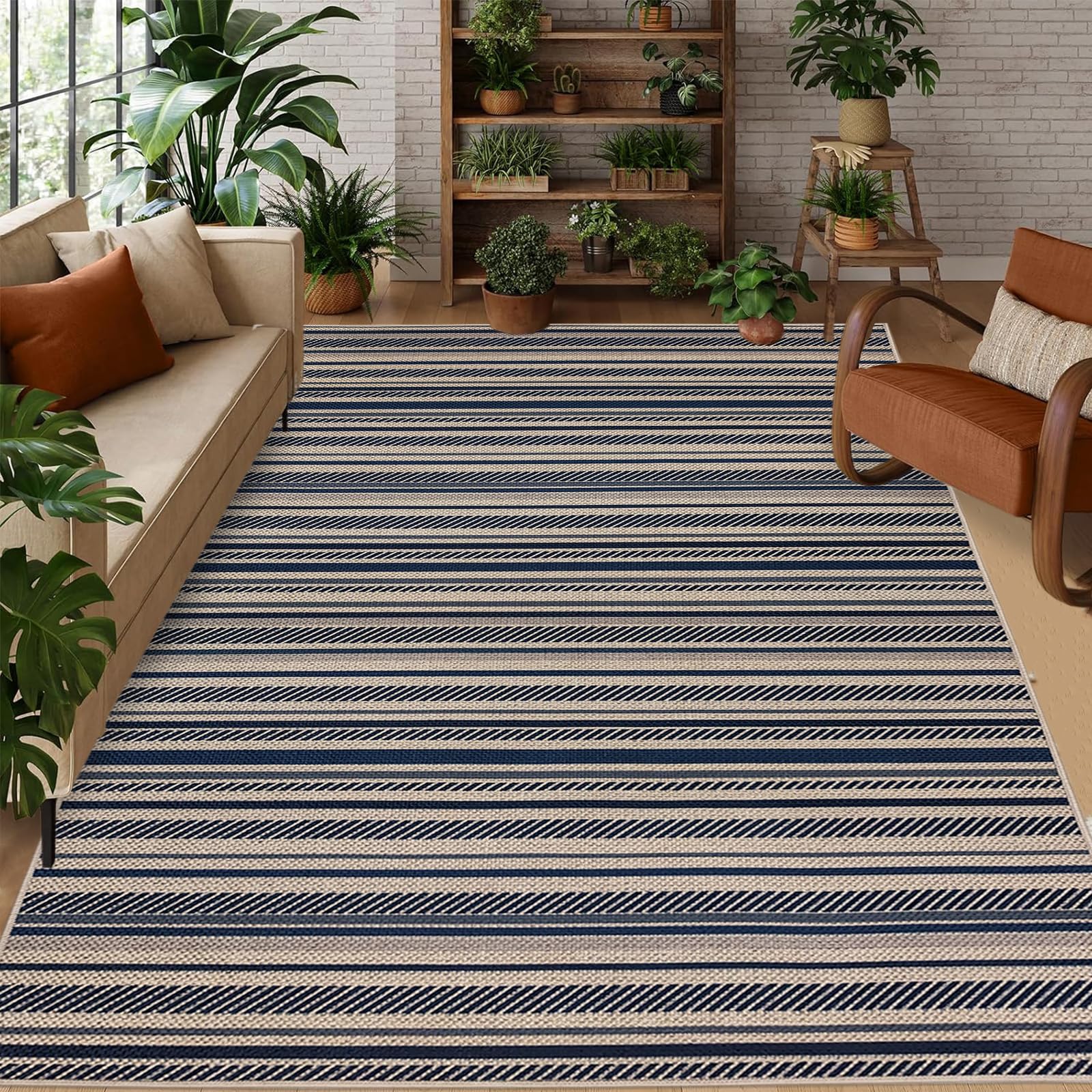 Tapis de jardin rustique à rayures bleues pour terrasse et salon