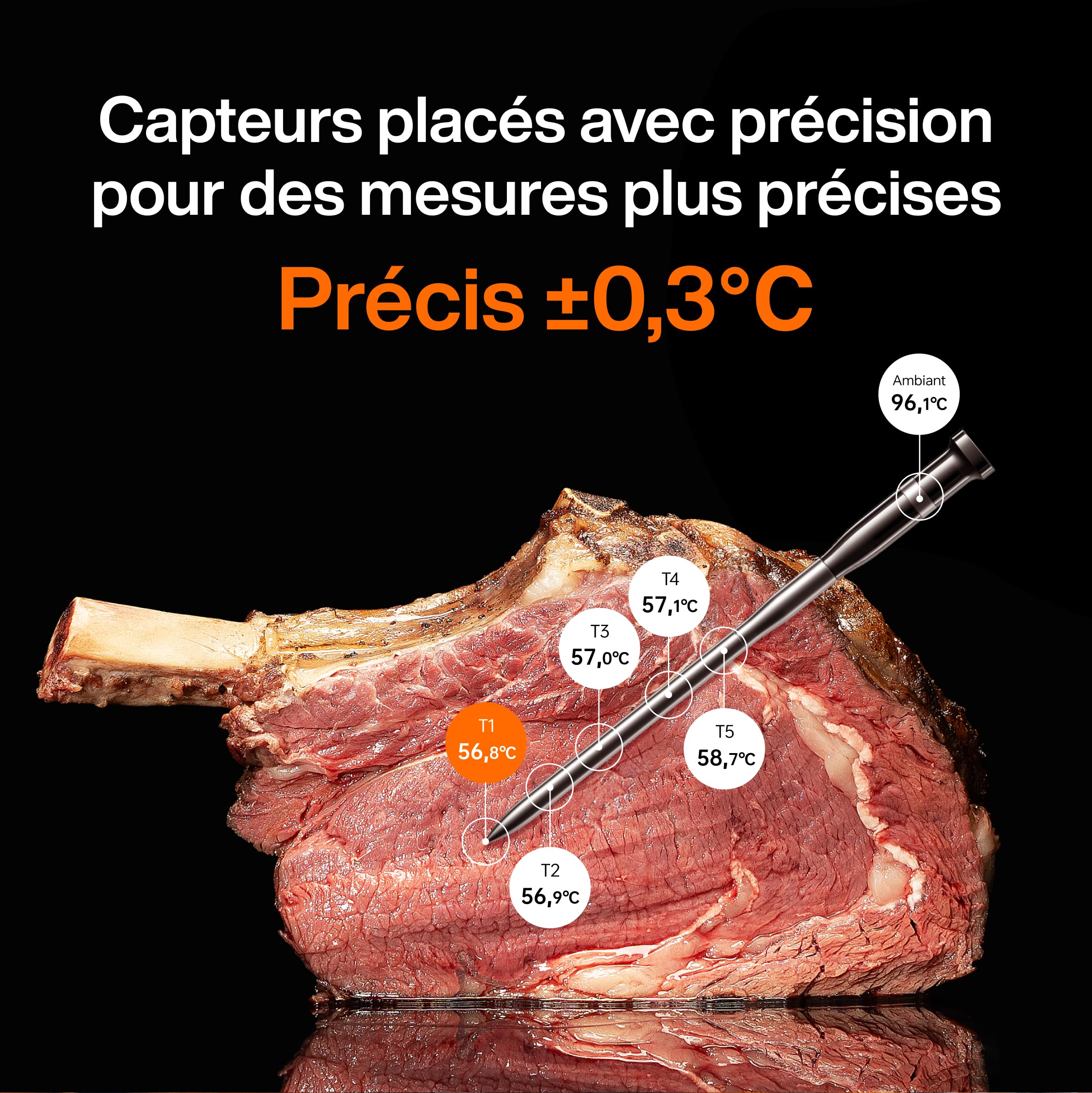 Typhur Thermomètre à Viande Intelligent Sans Fil -2 Sondes 12 Capteurs, 122m Bluetooth 5.4 Haute Stabilité, Surveillance WiFi Illimitée, IP67 Etanche Thermomètre Cuisine Cuison pour Gril Four Barbecue