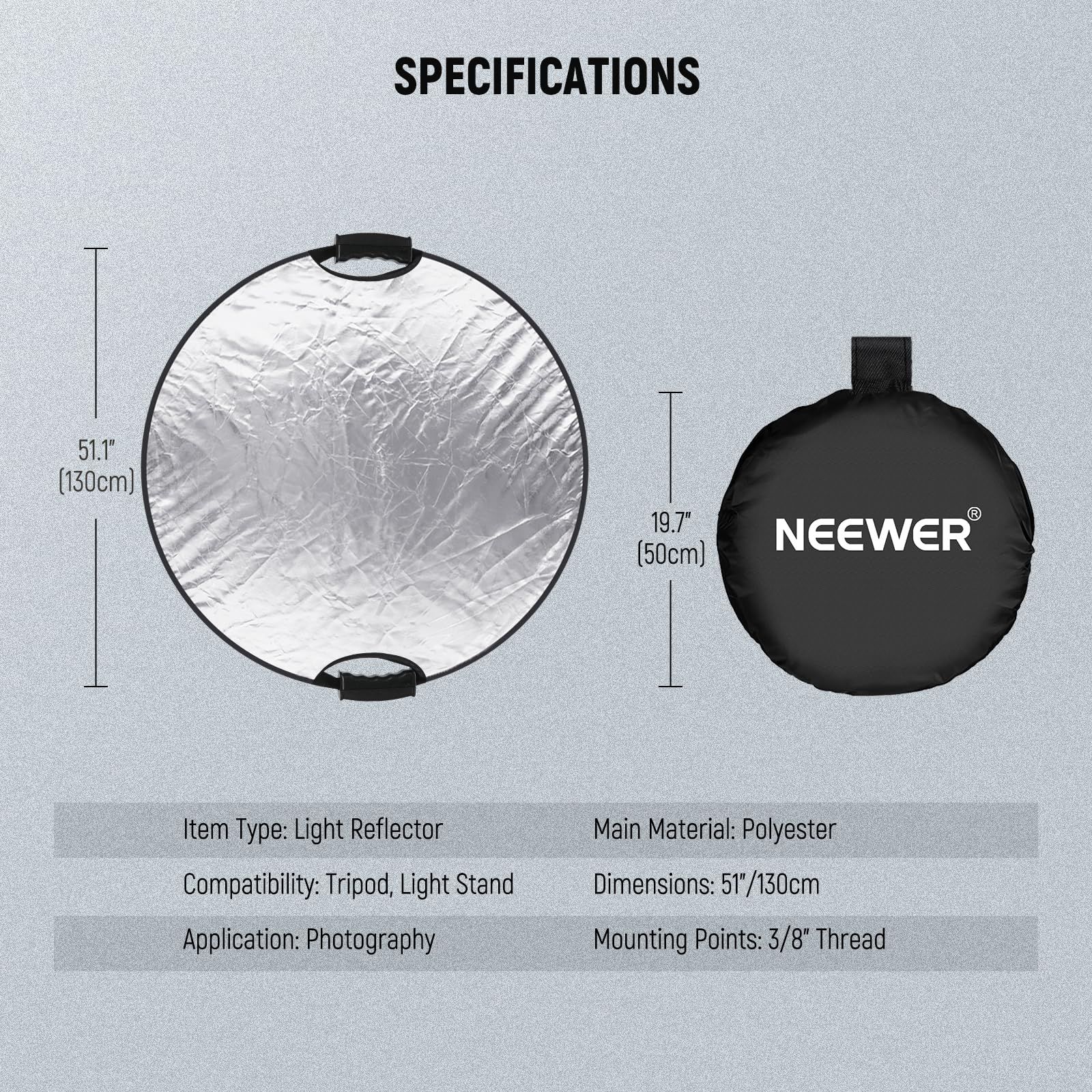 Neewer Reflektor światła 51"/130 cm z uchwytem i gwintem 3/20.3 cm, składany dyfuzor światła 5 w 1, półprzezroczysty/srebrny/złoty/biały/czarny do oświetlenia fotograficznego, oświetlenia