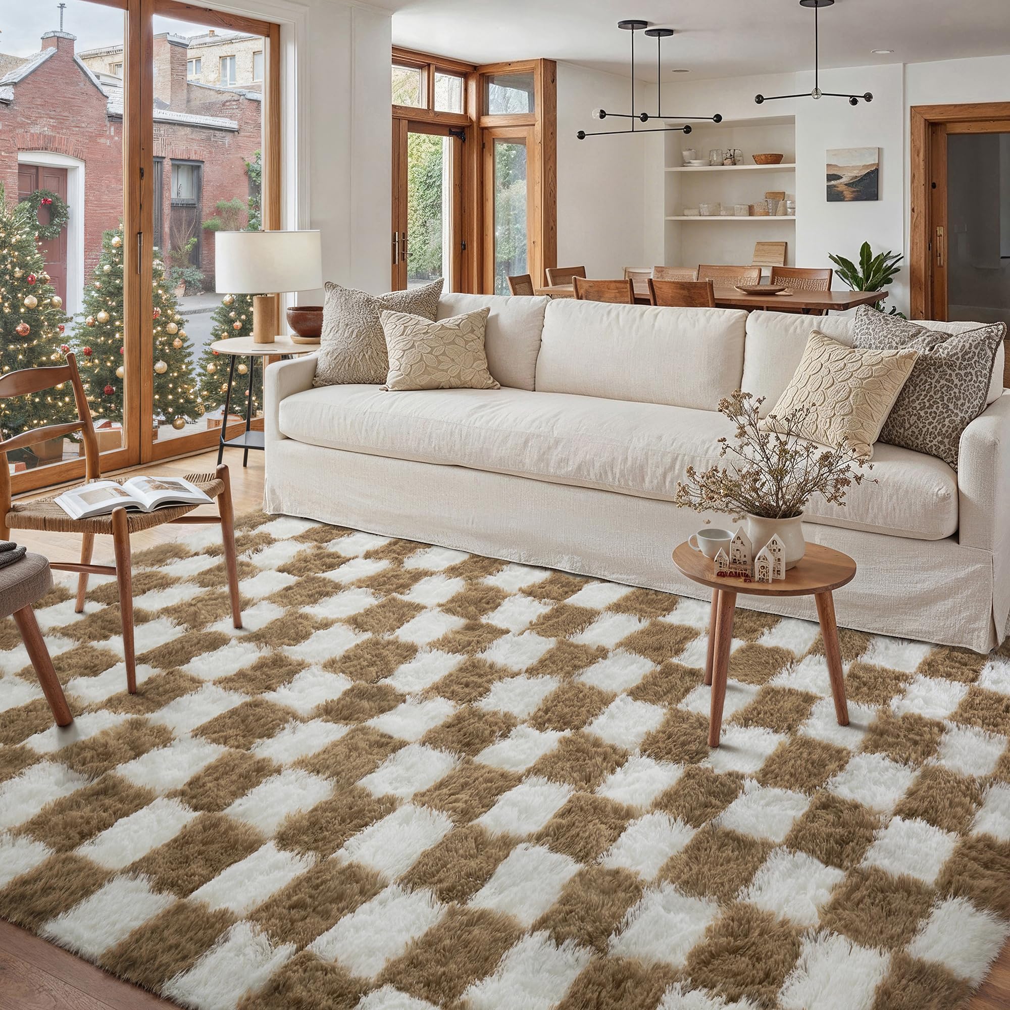 HUGEAR Kariert Flauschig Teppich Wohnzimmer 160x230 Teppiche Braun Weiß Shaggy rutschfest Kinderzimmer Mädchen Junge Carpet Schlafzimmer Hochflor Weich Groß Carpets