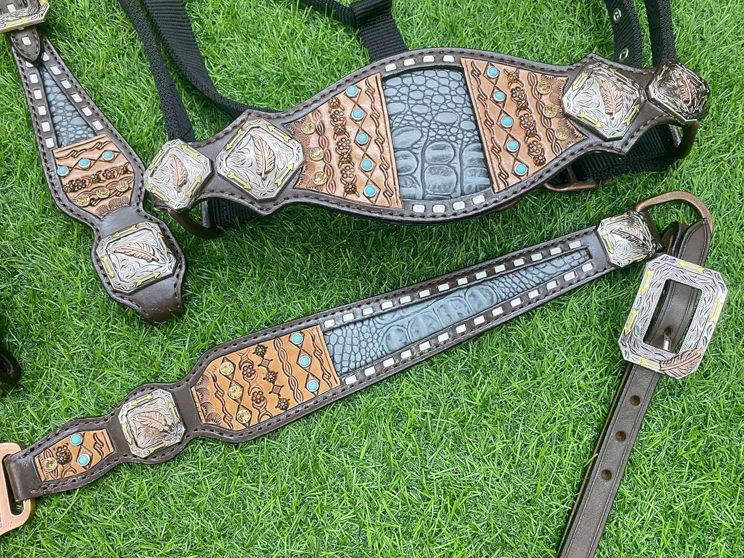 Genuine Argentina Cow Leather Headstall Breast CollarSet Decorated with Geometrical Tooling and Raw Hide Braiding