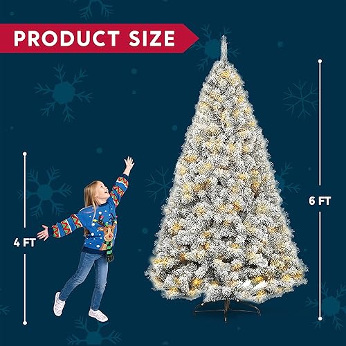 Miniatura 7 de JOIEDOMI Árbol de Navidad artificial preiluminado de 6 pies, árbol de Navidad flocado de nieve de tamaño completo con 300 luces LED blancas cálidas,