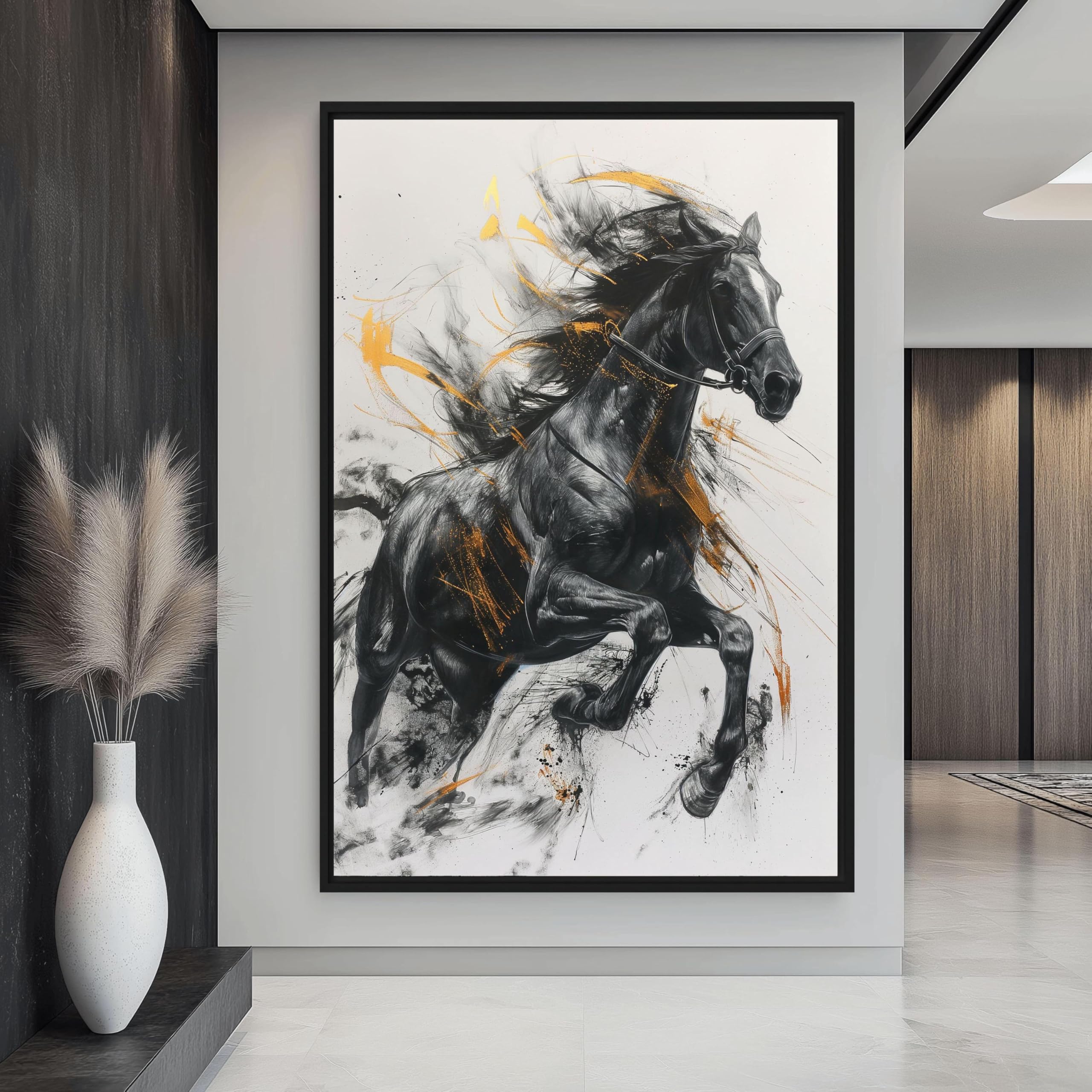 TONGYINLI Black Horse Posters, Abstract Watercolor Art Print: Equestrian Wall Pictures for Living Room Office Home Decor Painting(70x110cm/Frameless)