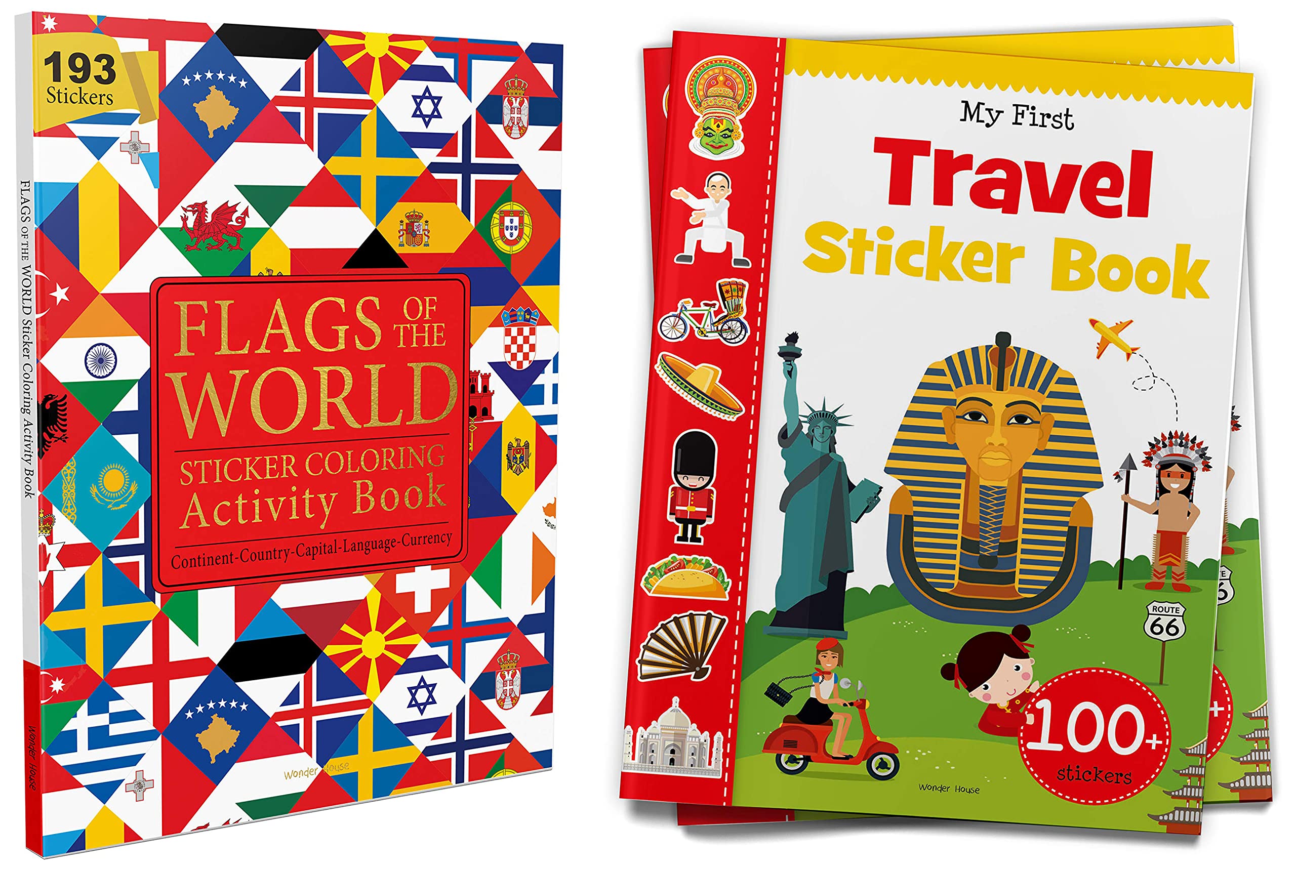 Flags of the World - Sticker Coloring Activity Book For Children : Continent, Country, Capital, Language and Currency+My first Travel Sticker Book