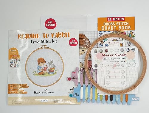 Miniatura 9 de Maker Susan Little Deer - Kits de punto de cruz para adultos y principiantes con aro de madera, tela DMC, hilos y agujas, tarjetas organizadoras de