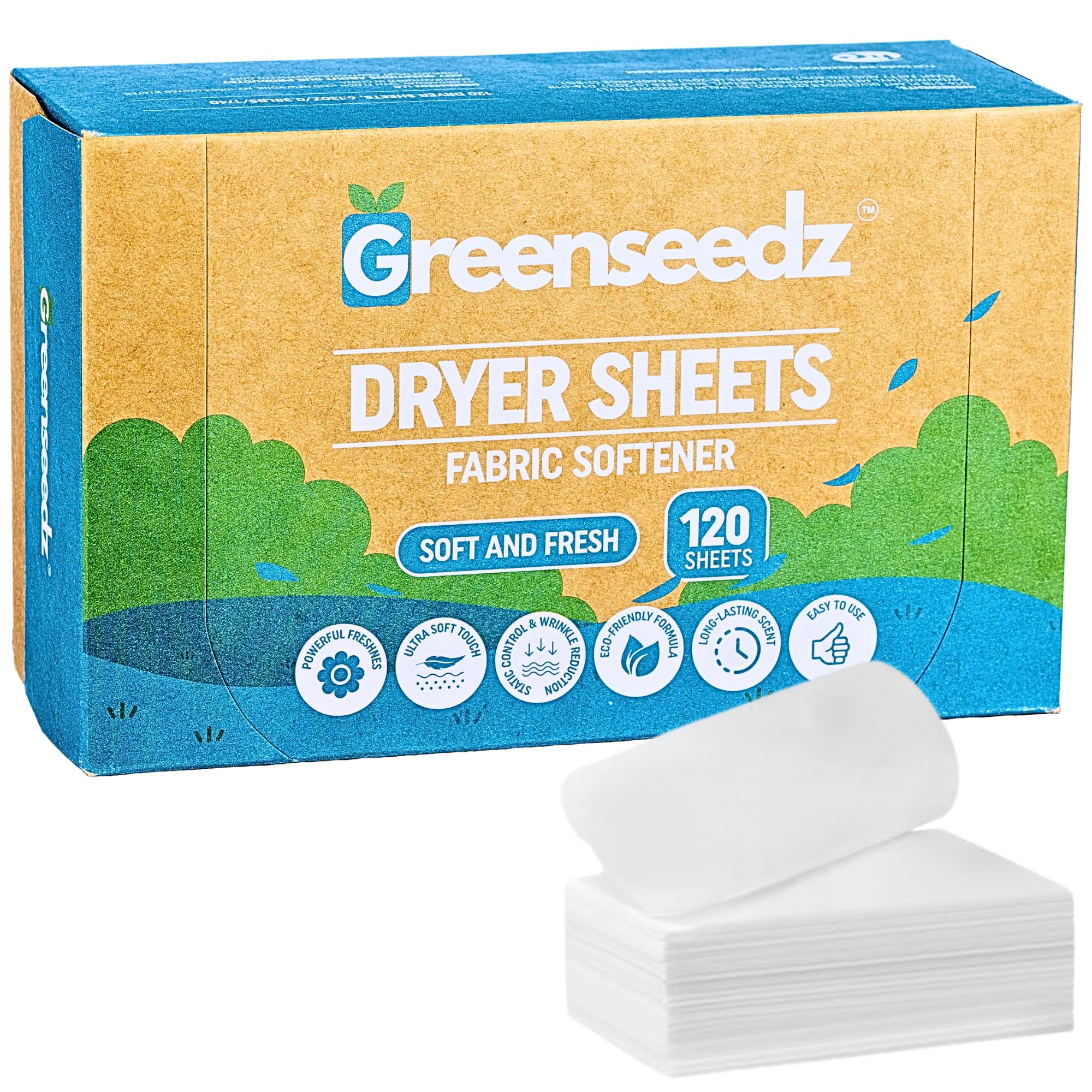 Greenseedz Dryer Sheets, 120 Count, Softens, Reduces Static & Freshens Laundry, Plastic-Free, Works with All Fabrics