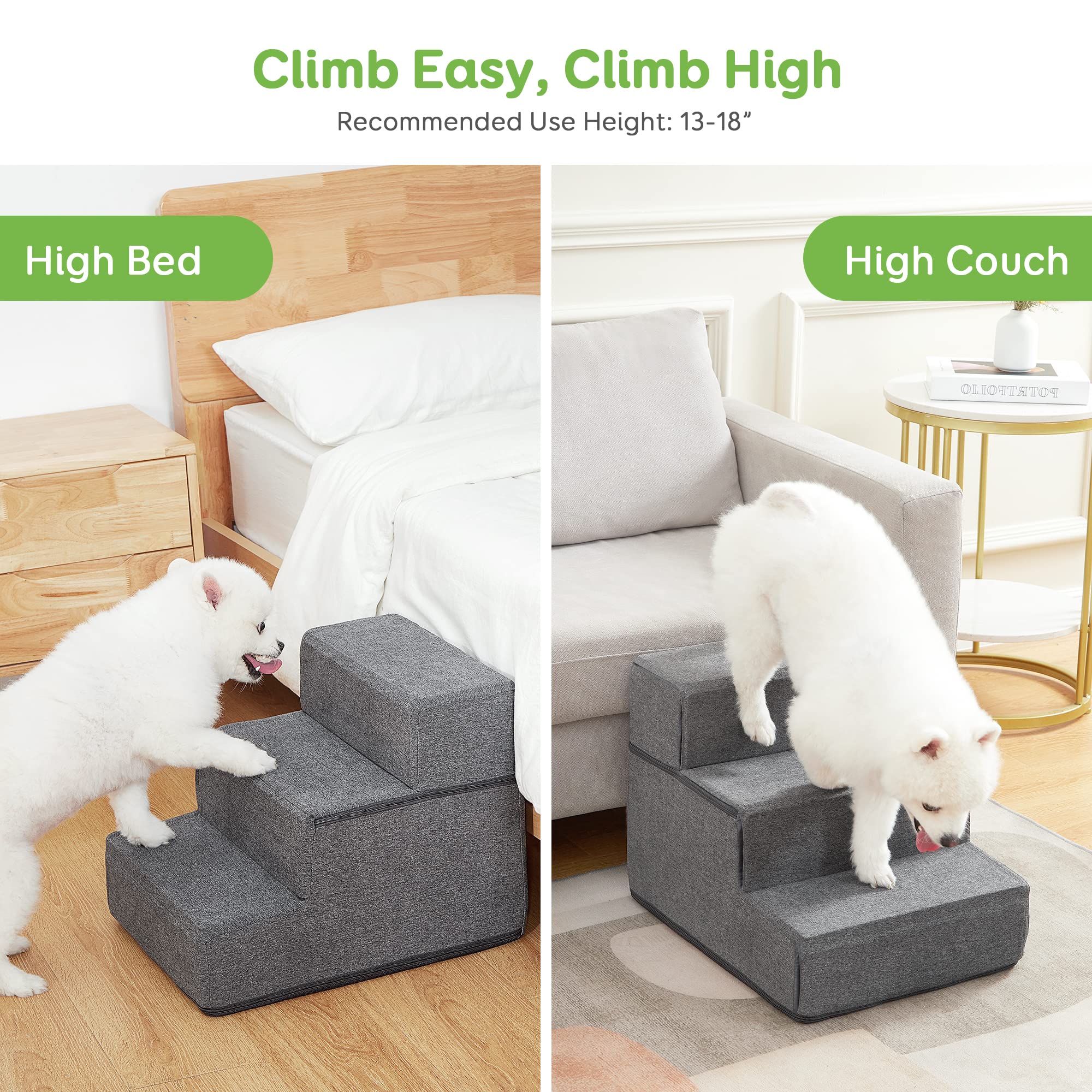 Dog Stairs & Steps for Small Dogs Cats, Pawque Pet Steps for High Bed Couch, Shock Absorbing Foam with High-Strength Boards for Pet Safe, Non-Slip Removable Washable Cover, 3-Step (13.5'' High)