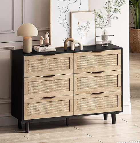 Cómoda de 6 cajones, cómoda de ratán de 43 pulgadas, mueble organizador de armario de almacenamiento doble de mediados de siglo con cajones de ratán