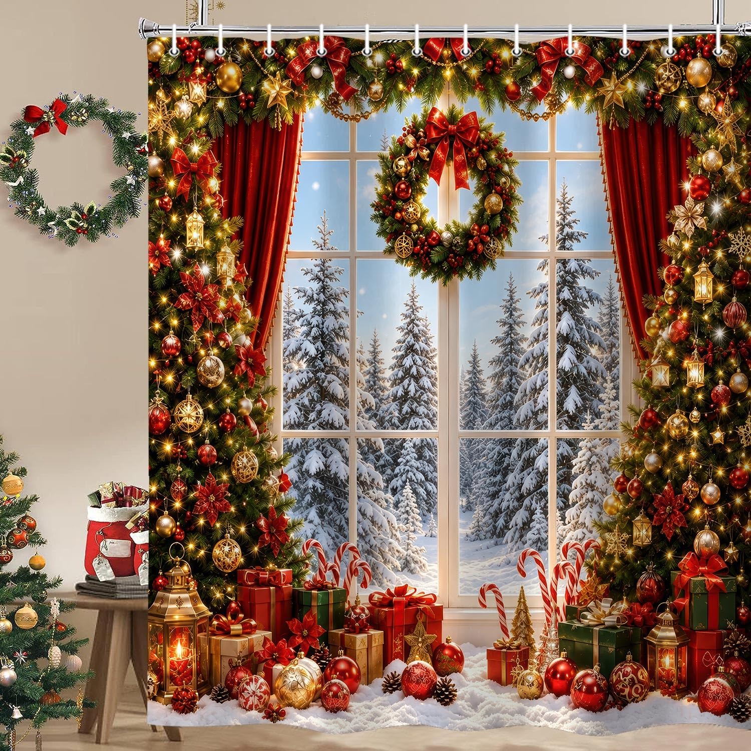 Christmas Shower Curtain, Winter Window Scene 72x72 Inch