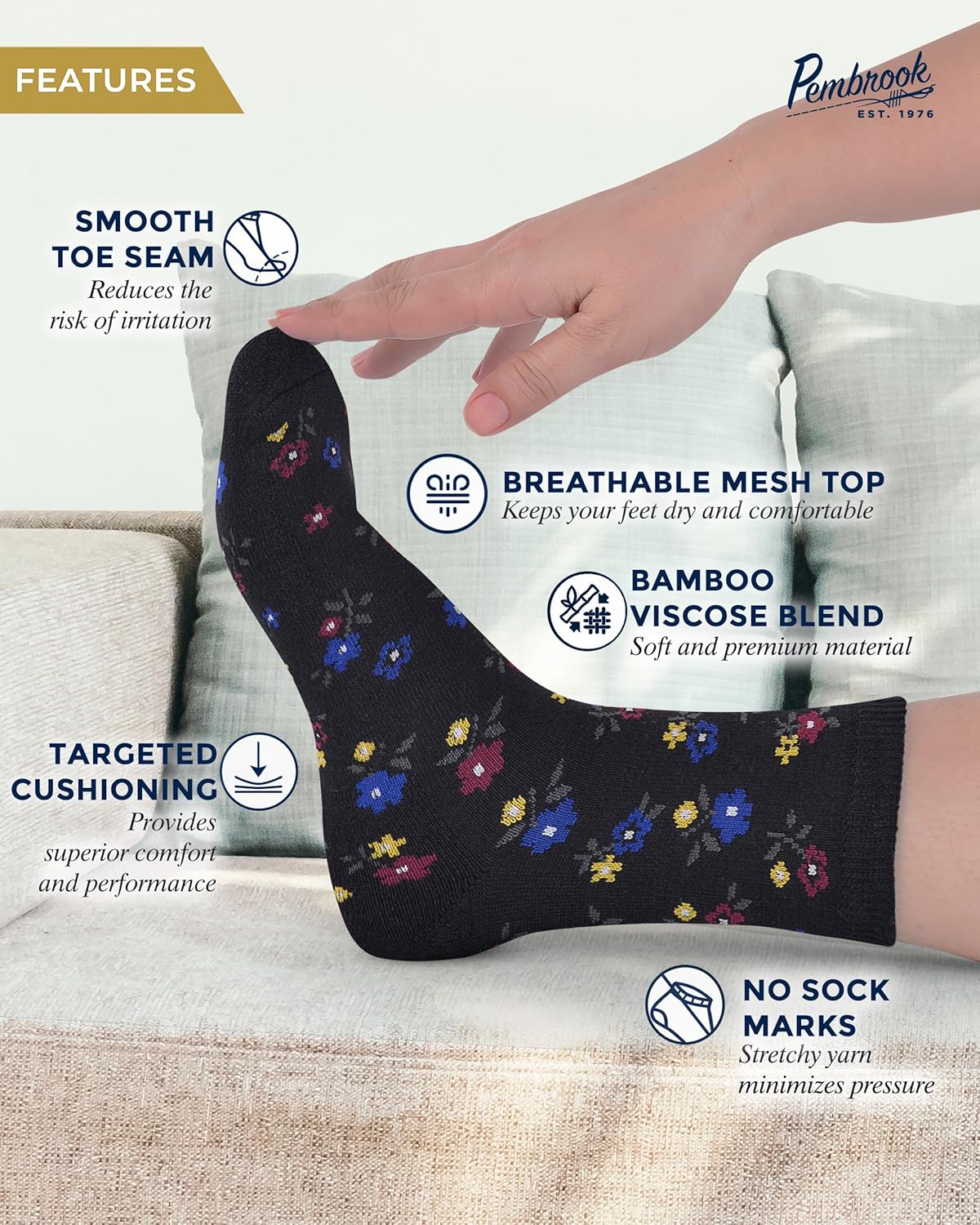 Pembrook Ankle Diabetic Socks for Women & Men - 4 Pairs Flowers, Moisture-Wicking Non Binding Socks Women, Neuropathy and Edema, Stretchy Wide Top - Image 4