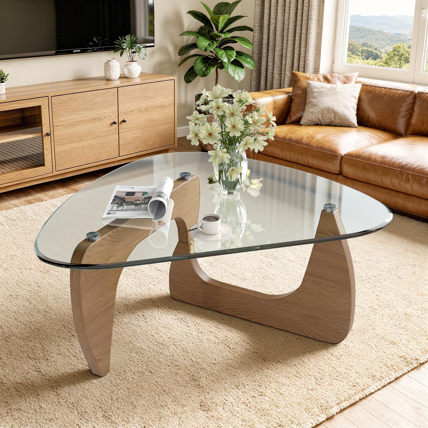 Beistelltisch Dreieckig Couchtisch Glas Transparent, Wohnzimmertisch im Skandinavischen Design, MDF Holz Beine Naturholz-Farbe, 90x60x43cm, Moderner Kaffeetisch Sofatisch Glastisch