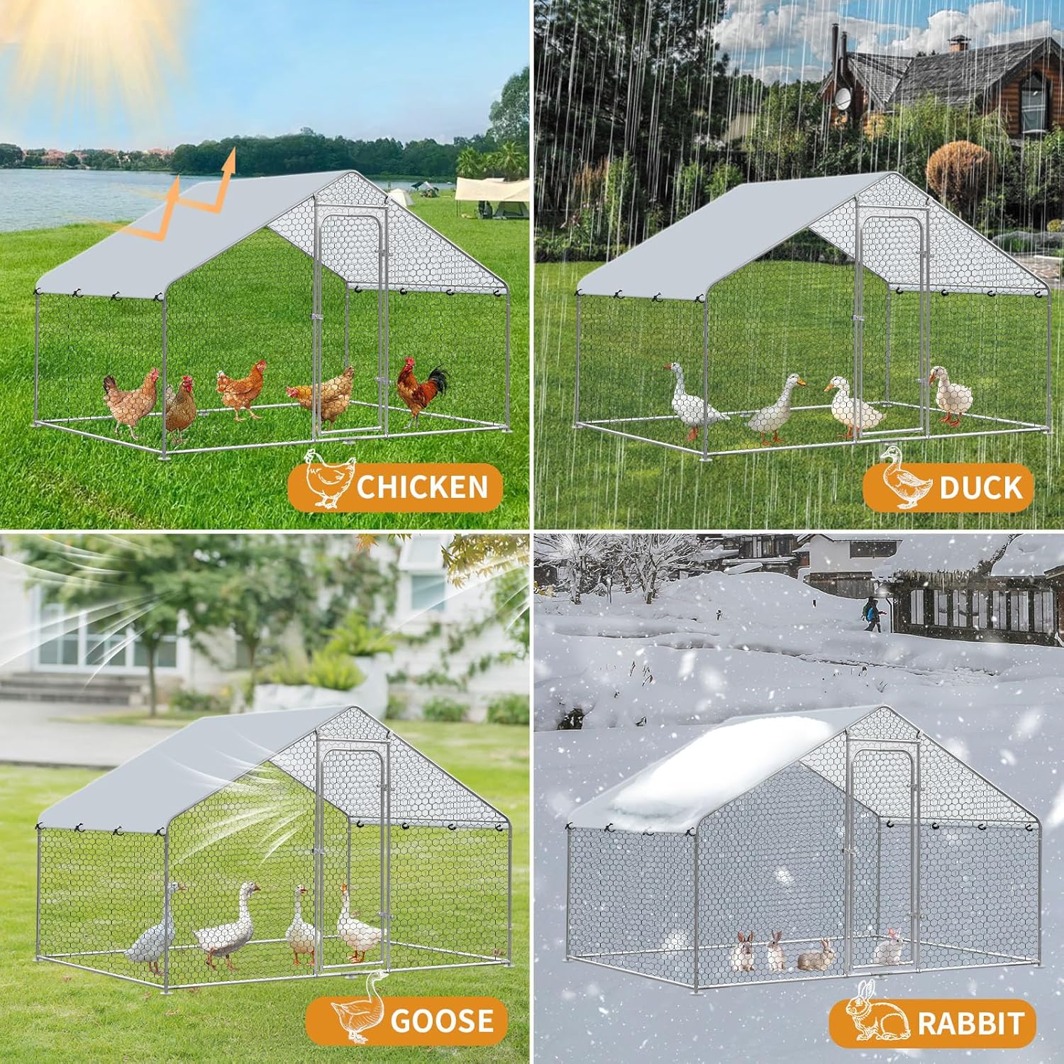 Large Metal Chicken Coop, Chicken Coop Run for 6/10 Chickens, Walk-in Chicken Runs for Yard with Anti-UV Cover, Spire Roof Hen House for Backyard, Duck Rabbit Cage Poultry Pen 6.6 x 9.8 x 6.5 ft