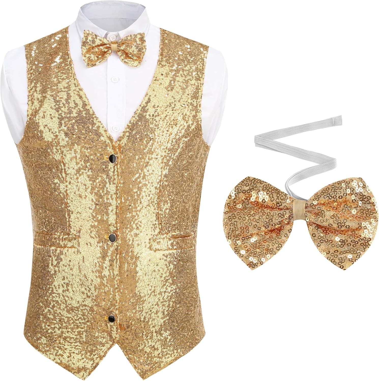 GRAJTCIN Mens Sequin Vest V-Neck Prom Vest Jacket Shiny Party Dress Suit Waistcoat Bowtie Set