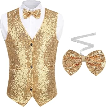 GRAJTCIN Mens Sequin Vest V-Neck Prom Vest Jacket Sparkly Shiny Party Dress Suit Waistcoat Bowtie Set