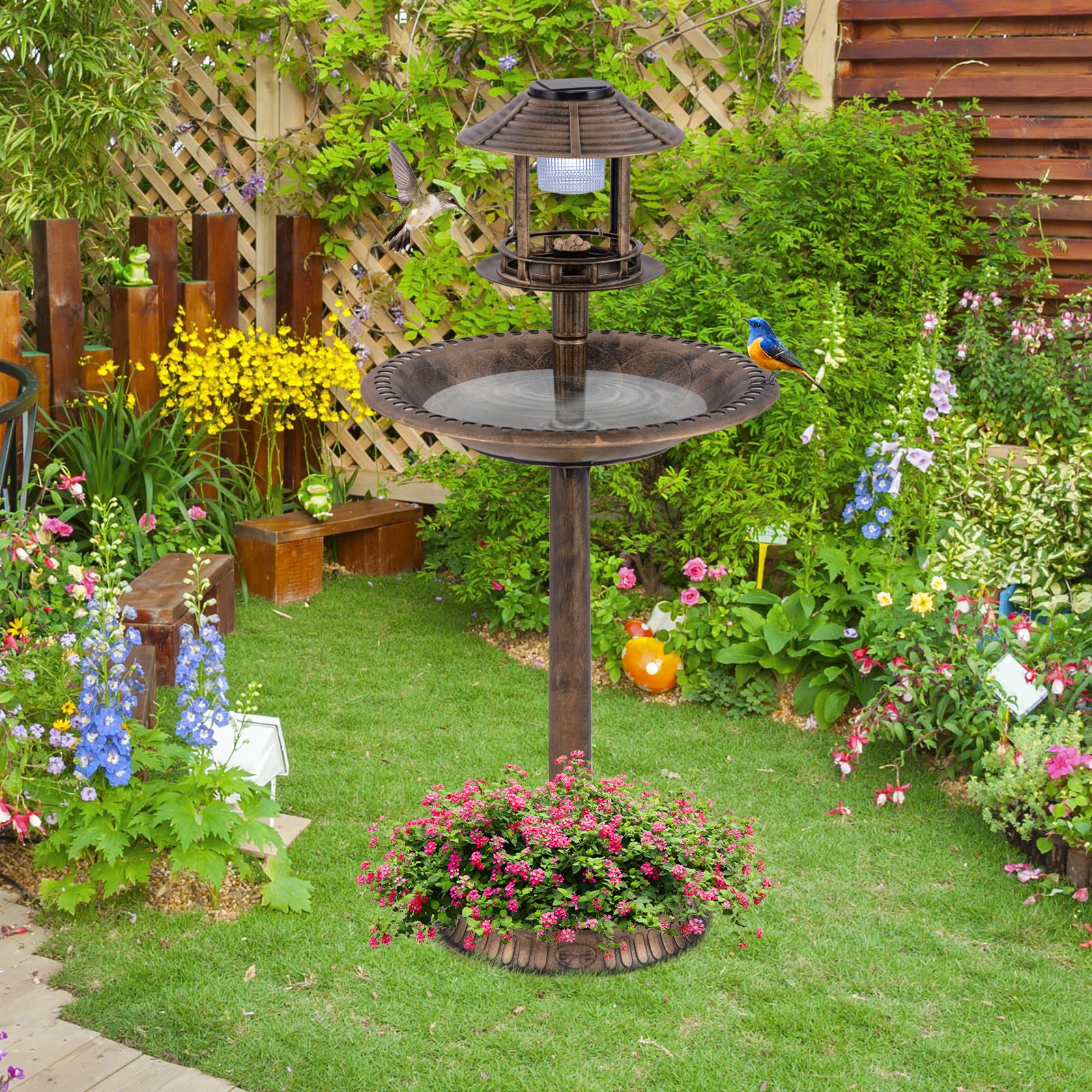 COSTWAY Vogeltränke mit Solarleuchte, Blumentopf, Vogelfutterhaus & Ständer, Vogelfutterstation Retro, Futterspender Vogelfutterspender, Wildvögel Vogelbad Garten, Ø50x107cm (Bronze)