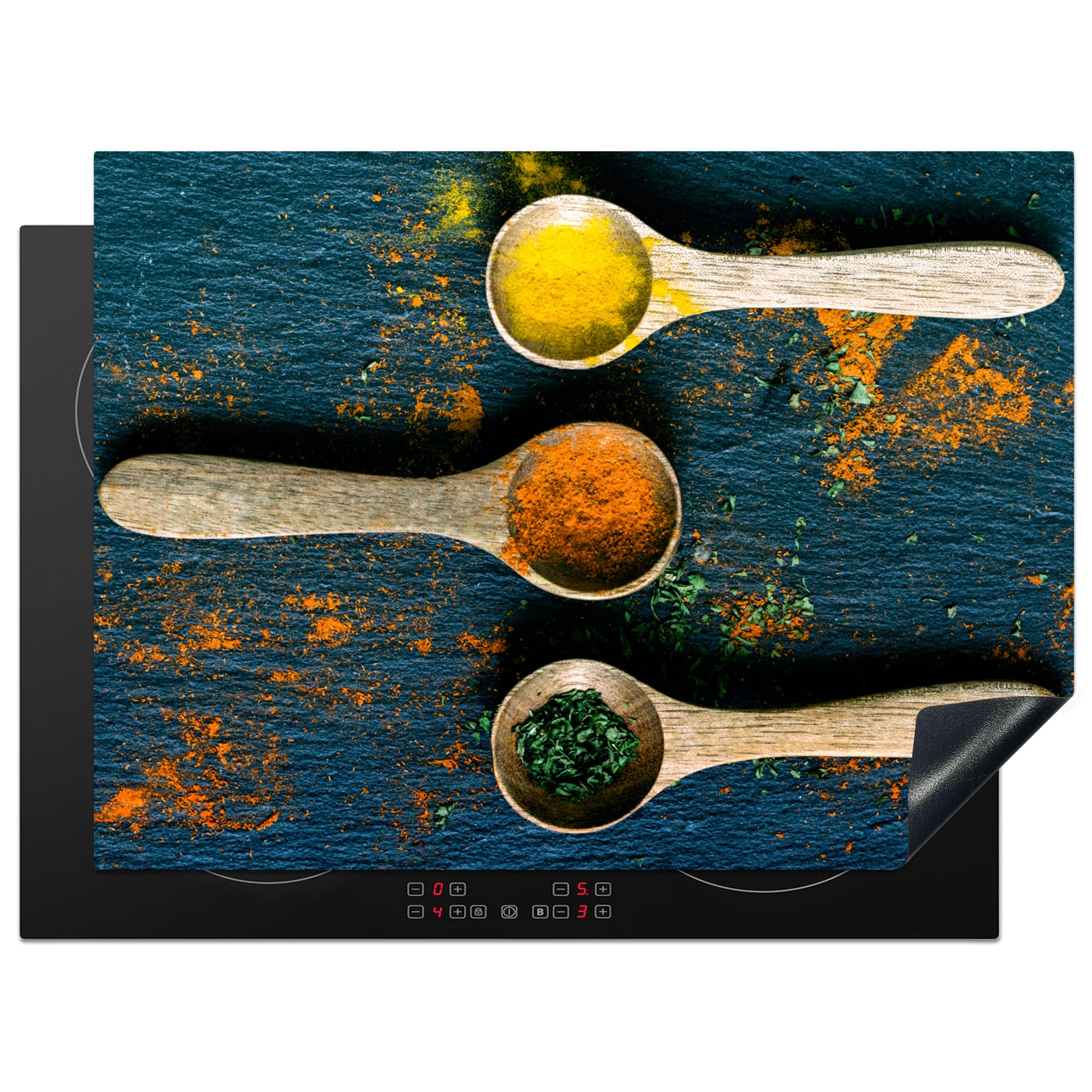 KitchenYeah© Induction Hob Protector Mat 20.5"x28" / 71x52 cm Stove Cap Top Cover Kitchen Cooker Covers for Electric Hobs Vinyl Spices - Spoon - Herbs - Brown - Yellow - Green