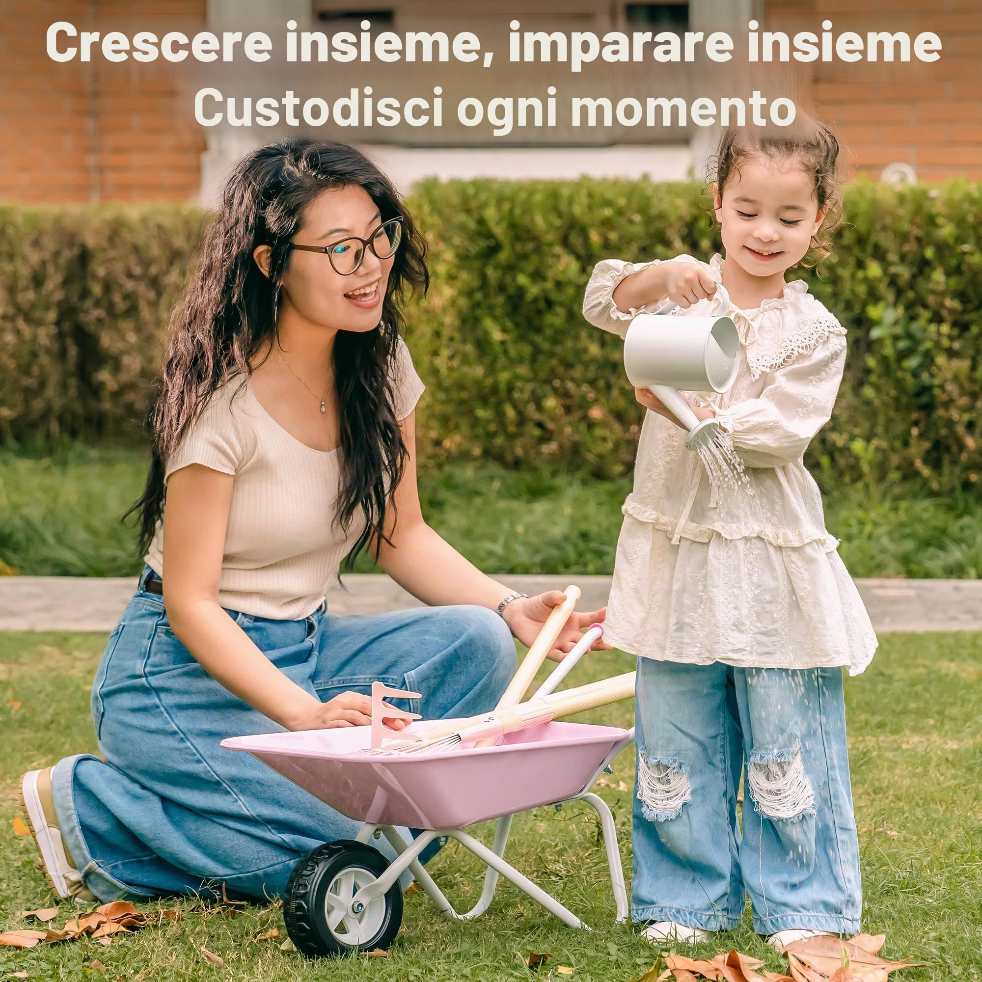ROBOTIME Carriola in metallo per bambini con attrezzi da giardino, rosa, dai 3 anni in su | Con annaffiatoio, strumenti lunghi, 3 utensili manuali e 4 etichette per piante, per giardino, cortile e sabbiera