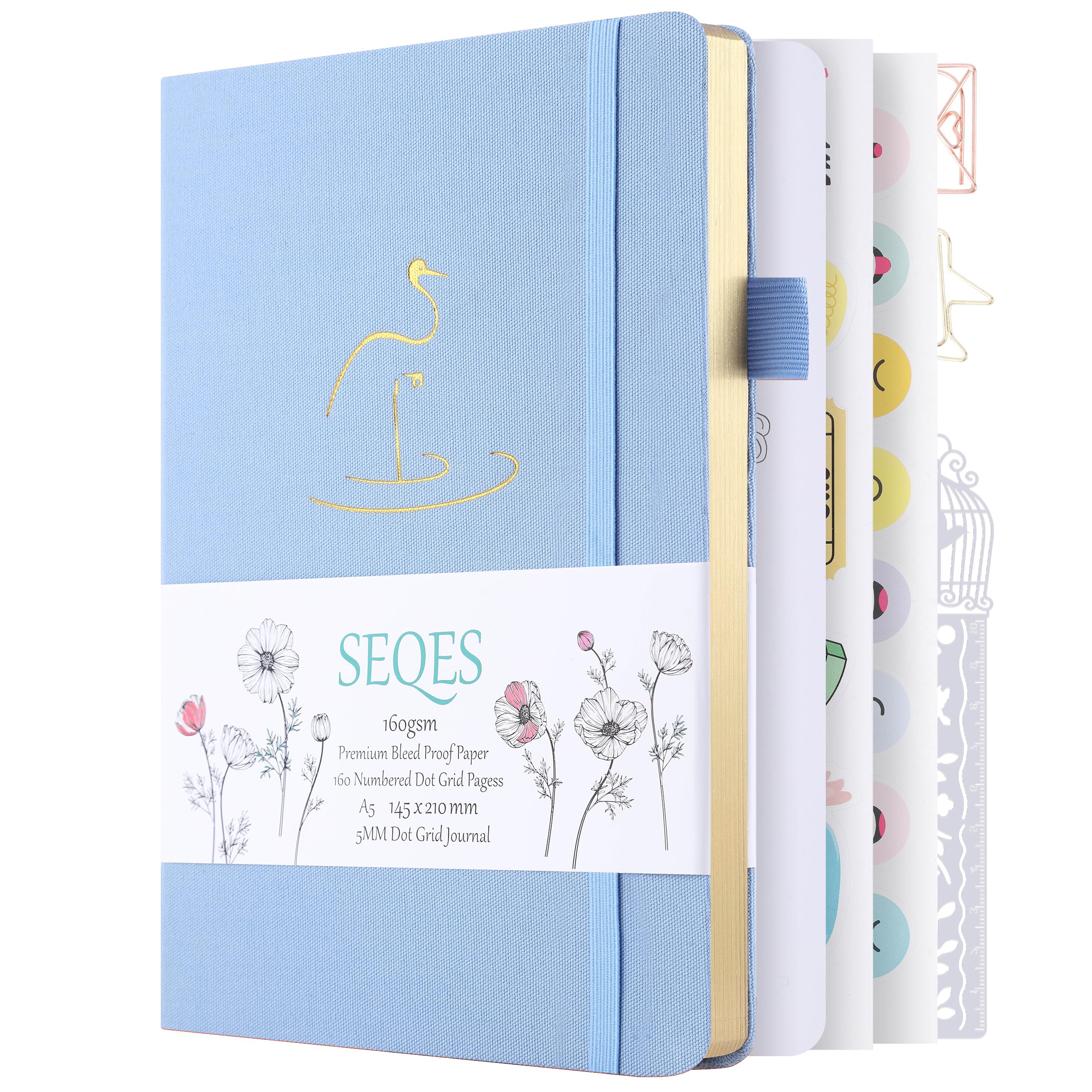SeQeS A5 Bullet Dotted Journal Notizbuch, 160 g/m² dickes, druckfestes Papier, flache Bindung, 160 nummerierte Seiten, Hardcover, Punktraster, Notizbuch/Bullet Journals für Kreative und Profis (Crane)