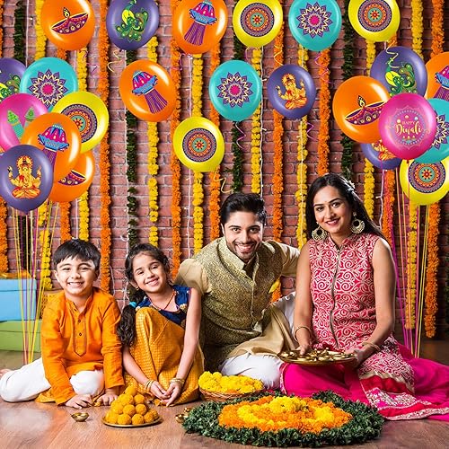 Miniatura 7 de Zomiboo 45 piezas de decoraciones de fiesta Happy Diwali Rangoli, globos de látex, festival colgante para pared de techo del hogar, suministros de