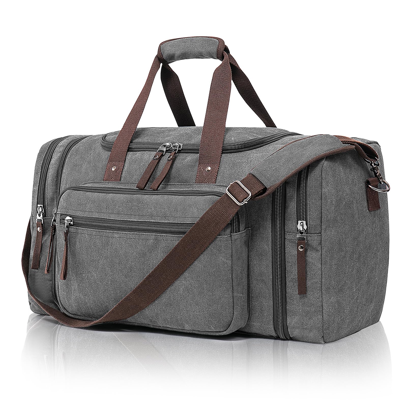 Large Canvas Travel Duffle Bag - Expandable to 67L, Durable Weekender for Men & Women - Ideal for Airplanes Travel, Gym, and Business(Grey)
