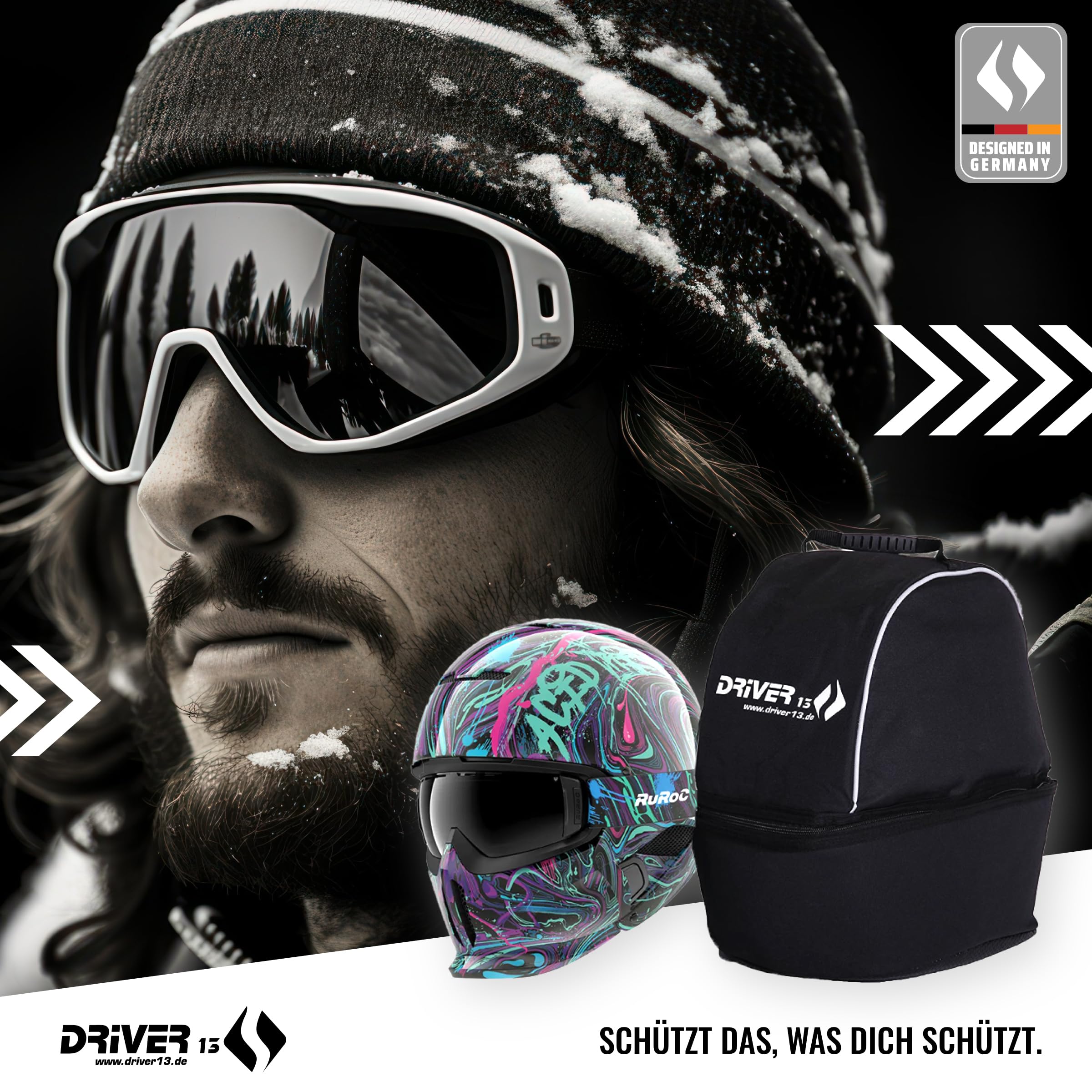 Driver13 Helmtasche XL für Wintersport- und Motorsporthelme, gepolstert, mit Visierfach und Belüftung, schwarz, 38 x 30 x 30 cm