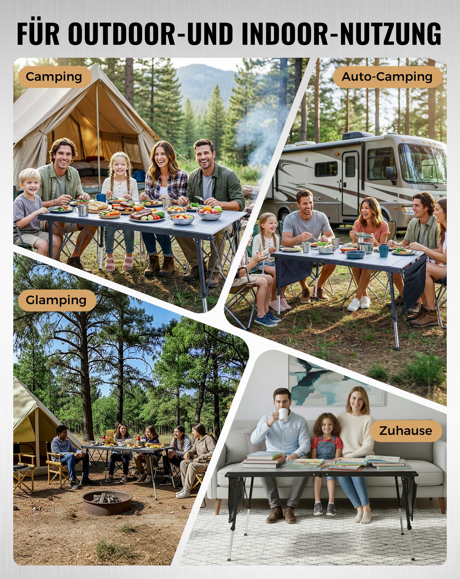 KingCamp Campingtisch Klappbar Extra Groß Höhenverstellbar, 140x70cm 48-70cm Mit Aufbewahrungstaschen, Leicht & Stabil Für Garten, Balkon & Outdoor
