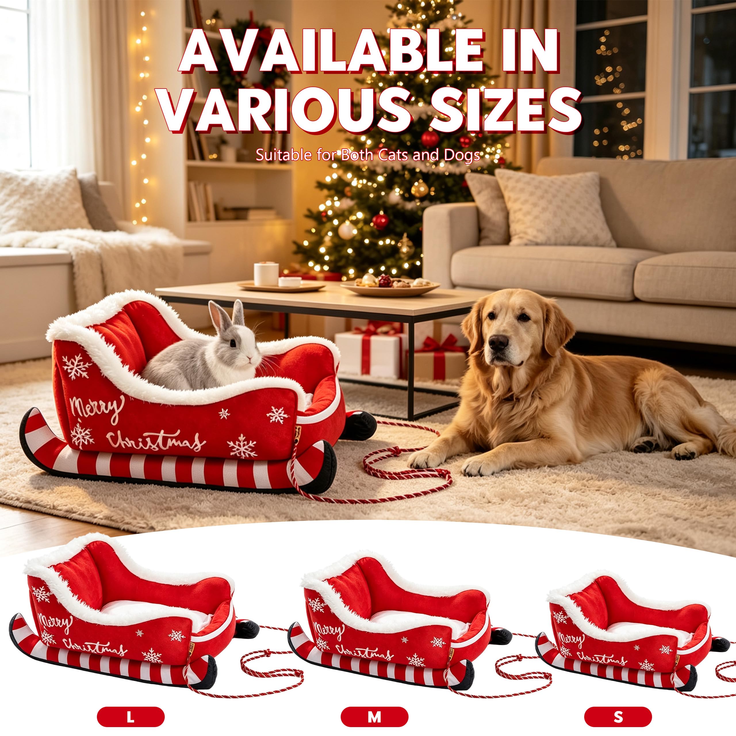 Weihnachts Schlitten Haustierbett, Weiches Plüsch Hundebett 81*66*34 CM