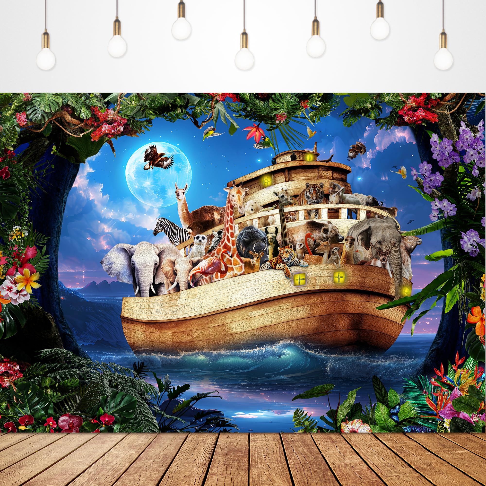 Glawry Noahs Ark Birthday Backdrop for Photography 7Wx5H Feet Safari Animal Baby Shower Moon Starry Night Sky Jungle Tropical Leaves Flower Party