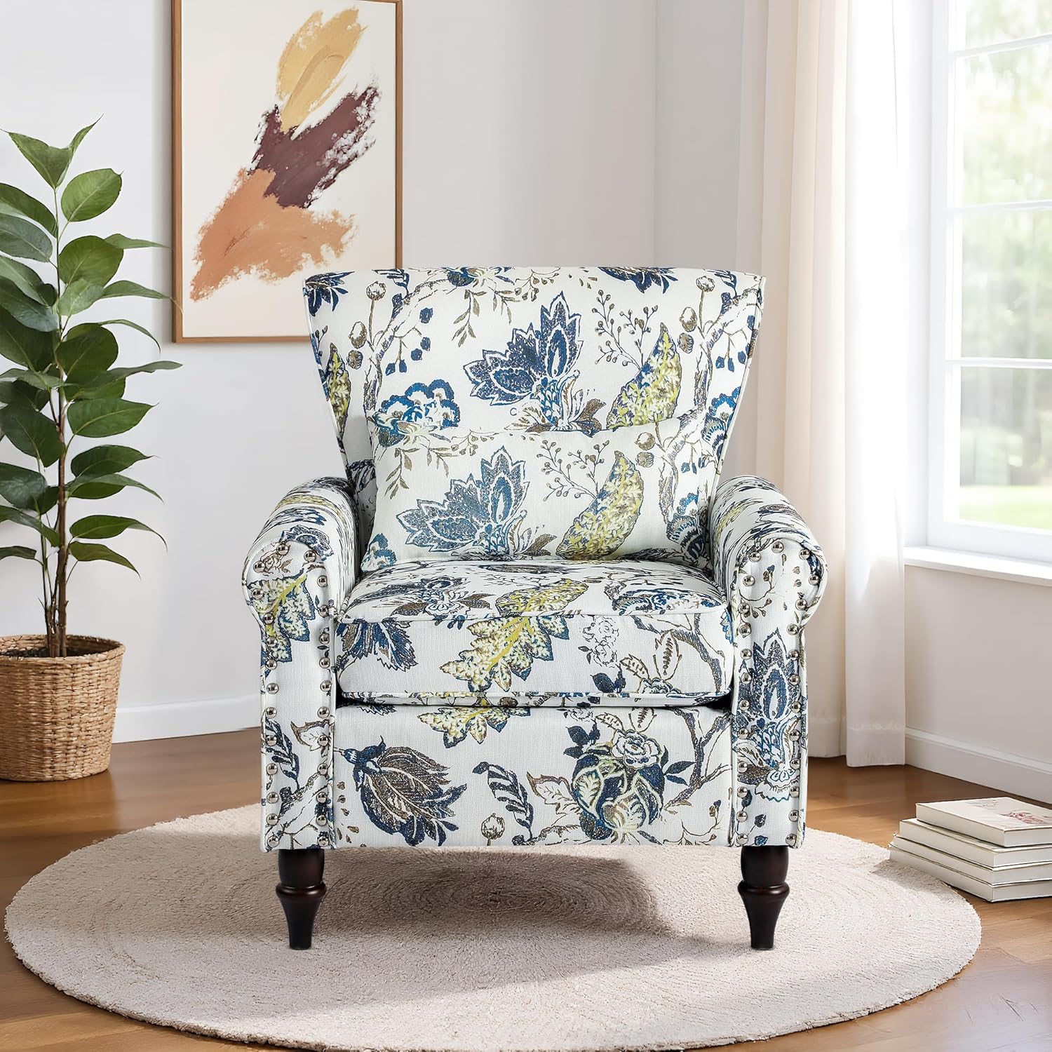 Wingback Accent Chair with Floral Pattern& Nailhead Trim, Comfy Reading Armchair with Removable Pillow and Solid Wood Legs, Vintage Fabric Lounge Chair for Living Room, Bedroom, Office, Small Spaces