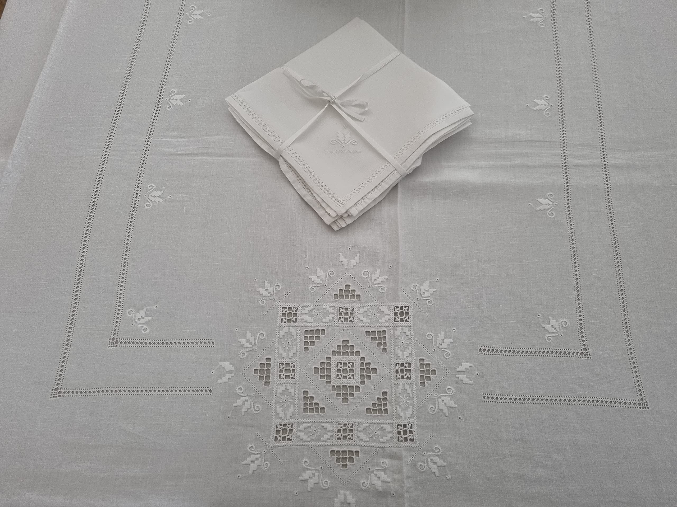 Museale Tischdecke x12 aus reinem Leinen mit Stickerei Vollstich und Antikstich komplett von Hand 168 x 275 cm