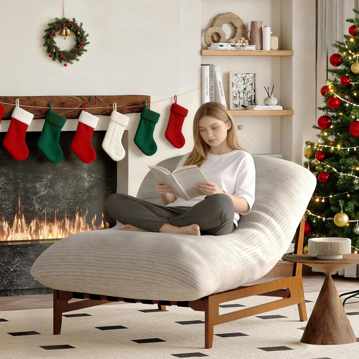 AODAILIHB 47'' Oversized Living Room Chair with Solid Wood Frame, 3-in-1 Convertible Lounge Chair with Removable Plush Cushion, Modern Upholstered Accent Chair for Living Room, Reading Room, Beige