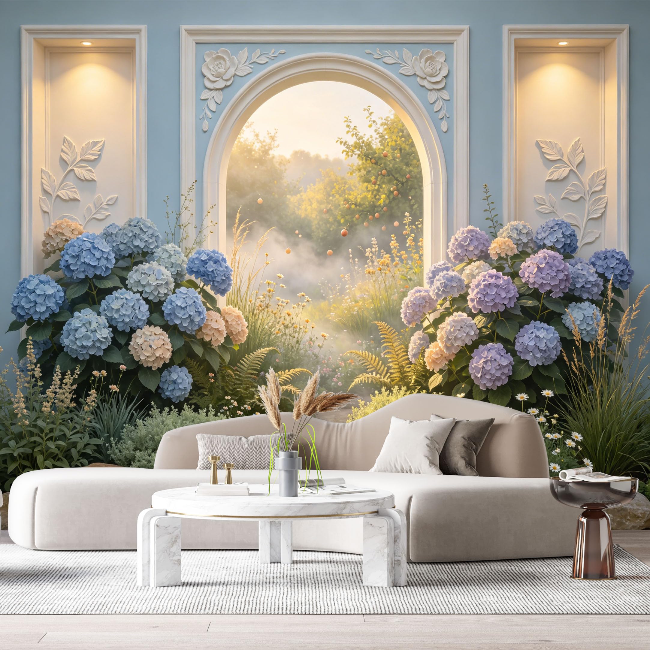 Custom Size Wall Murals Hydrangea Garden Archway Landscape 3D Trompe L'Oeil SelfAdhesiveWall Fabric Removable Wallpaper Wall Decor for Living Room Bedroom Bathroom
