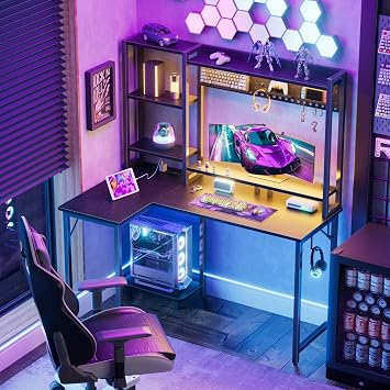 48 inch L Shaped Gaming Desk - Corner Computer Desks with Hutch and Pegboard Led Lights Power Outlets PC Monitor Stand for Kids Bedroom, Black